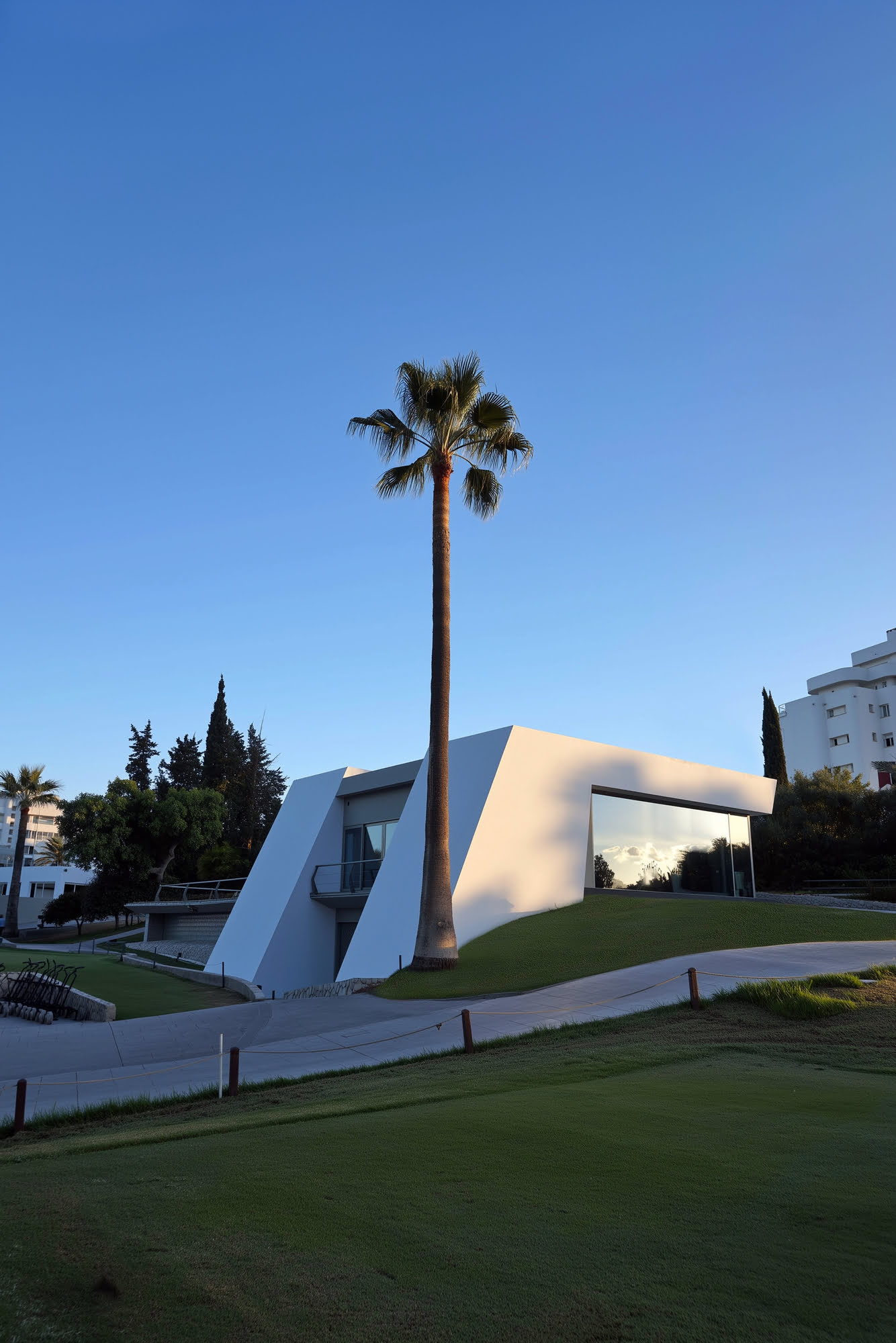 Vertical view of the folded white clubhouse volume rising beside the green and palm tree at sunset