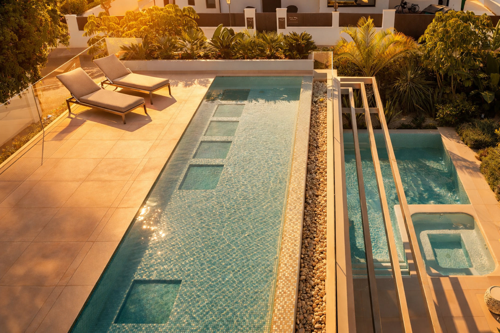 Overhead view of DALÍ Villa showing contemporary pool design, sun terrace and integrated outdoor living on the Golden Mile