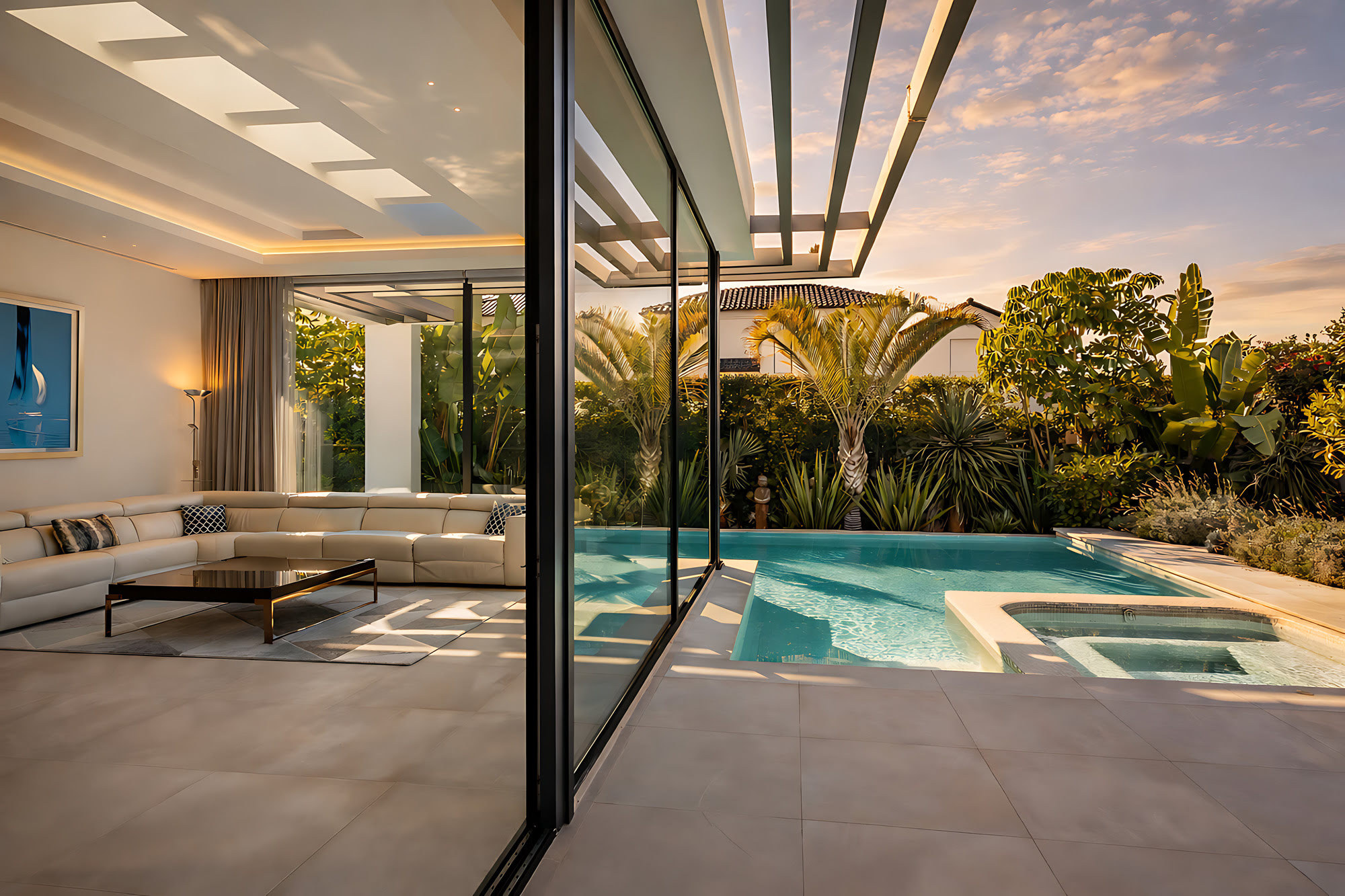 Interior to exterior view across the pool terrace at DALÍ Villa with sliding glass walls and Mediterranean landscaping