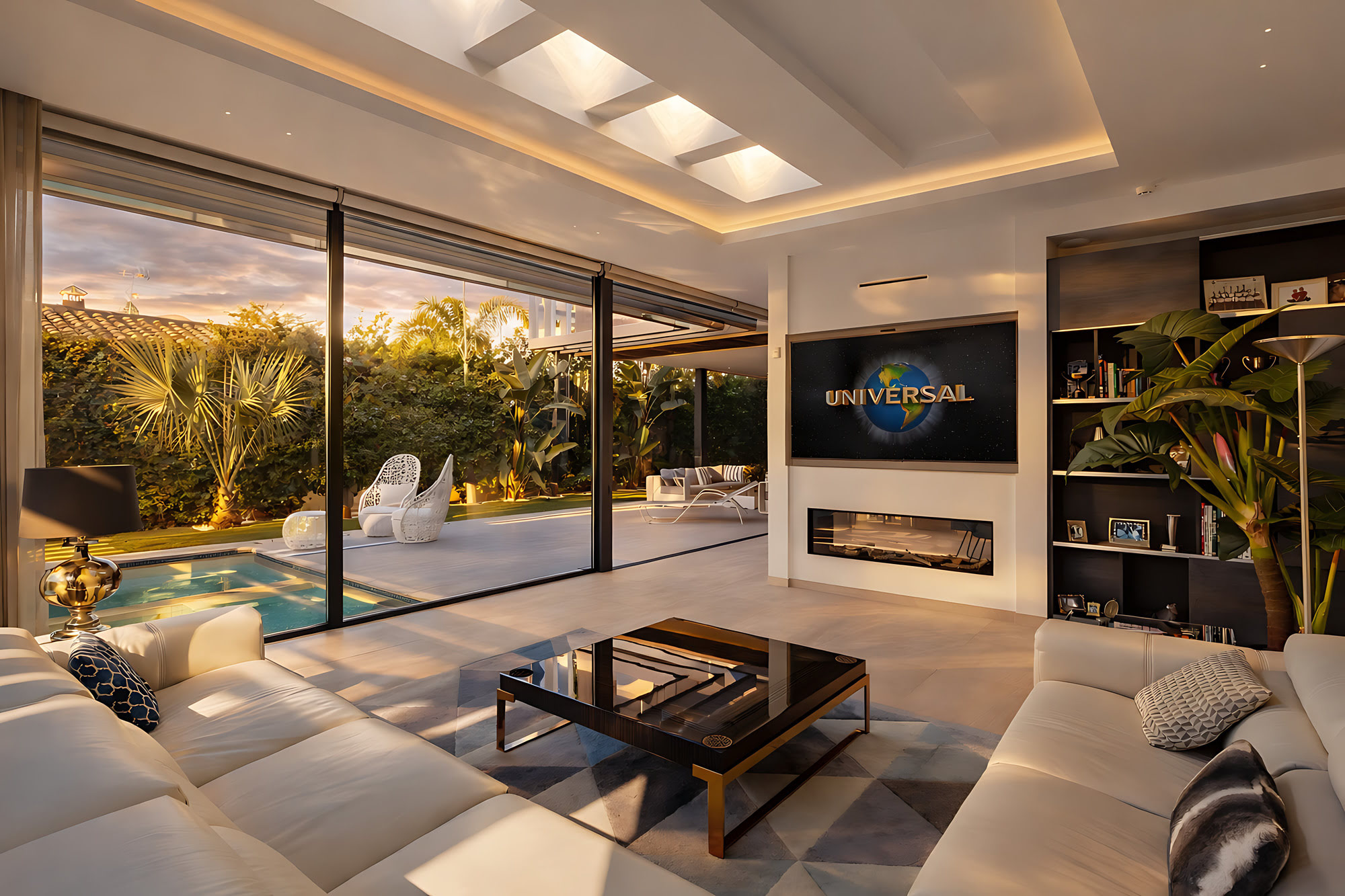 Open-plan living room at DALÍ Villa with fireplace wall, full-height glazing and seamless indoor-outdoor connection