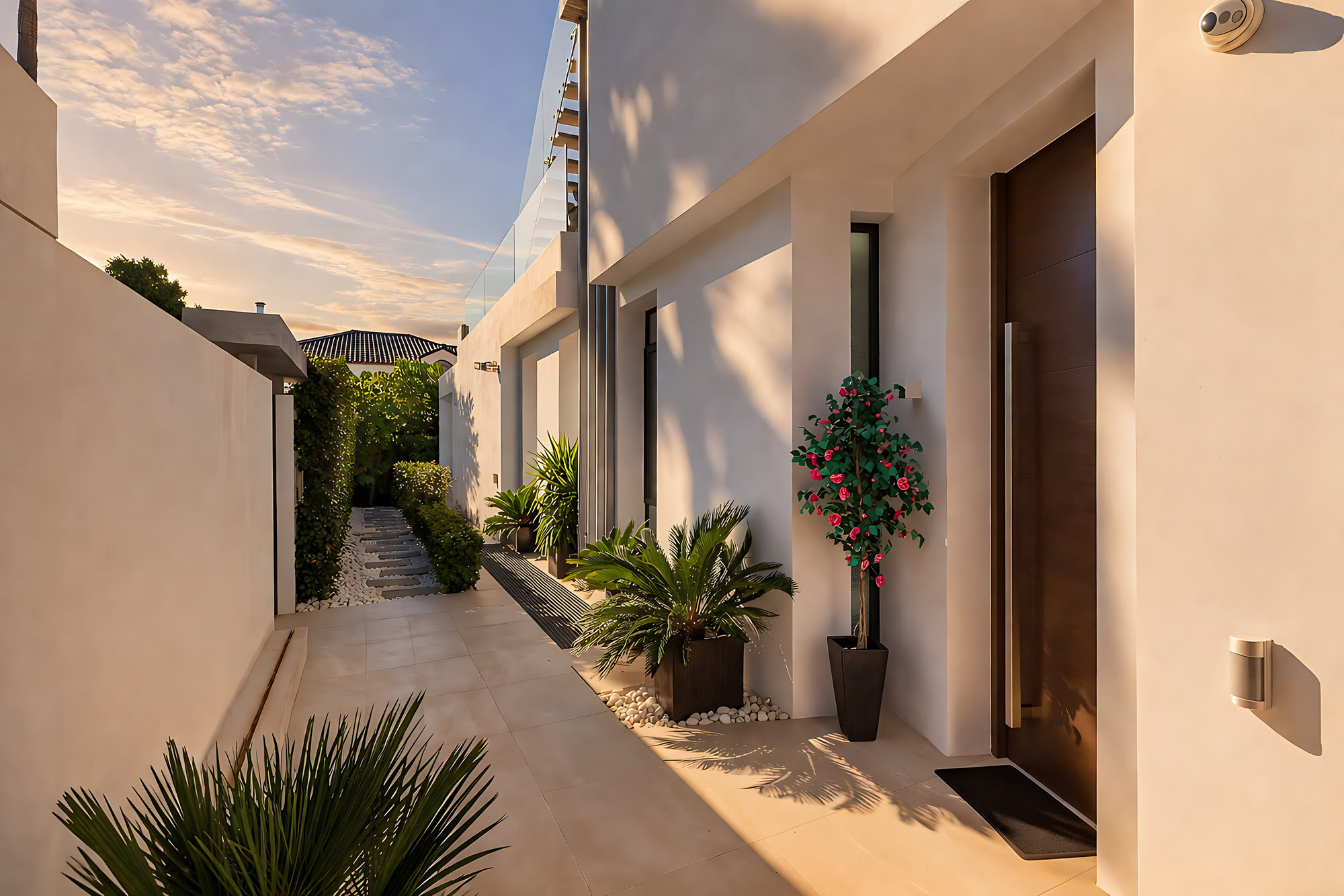 Private side courtyard of DALÍ Villa with white rendered walls, planted passage and clean contemporary detailing
