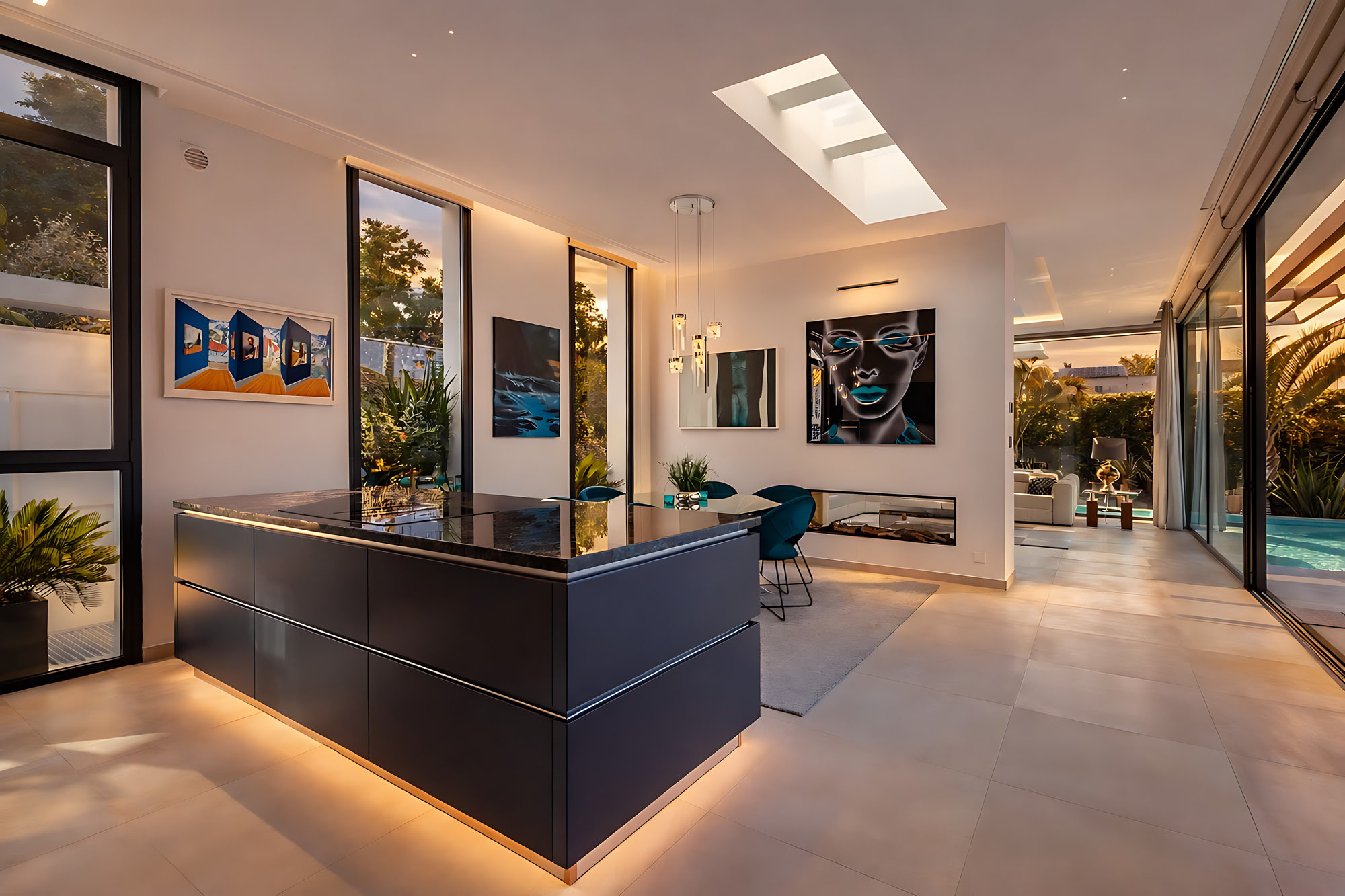 Contemporary kitchen and living space at DALÍ Villa with island, art wall and panoramic glazing