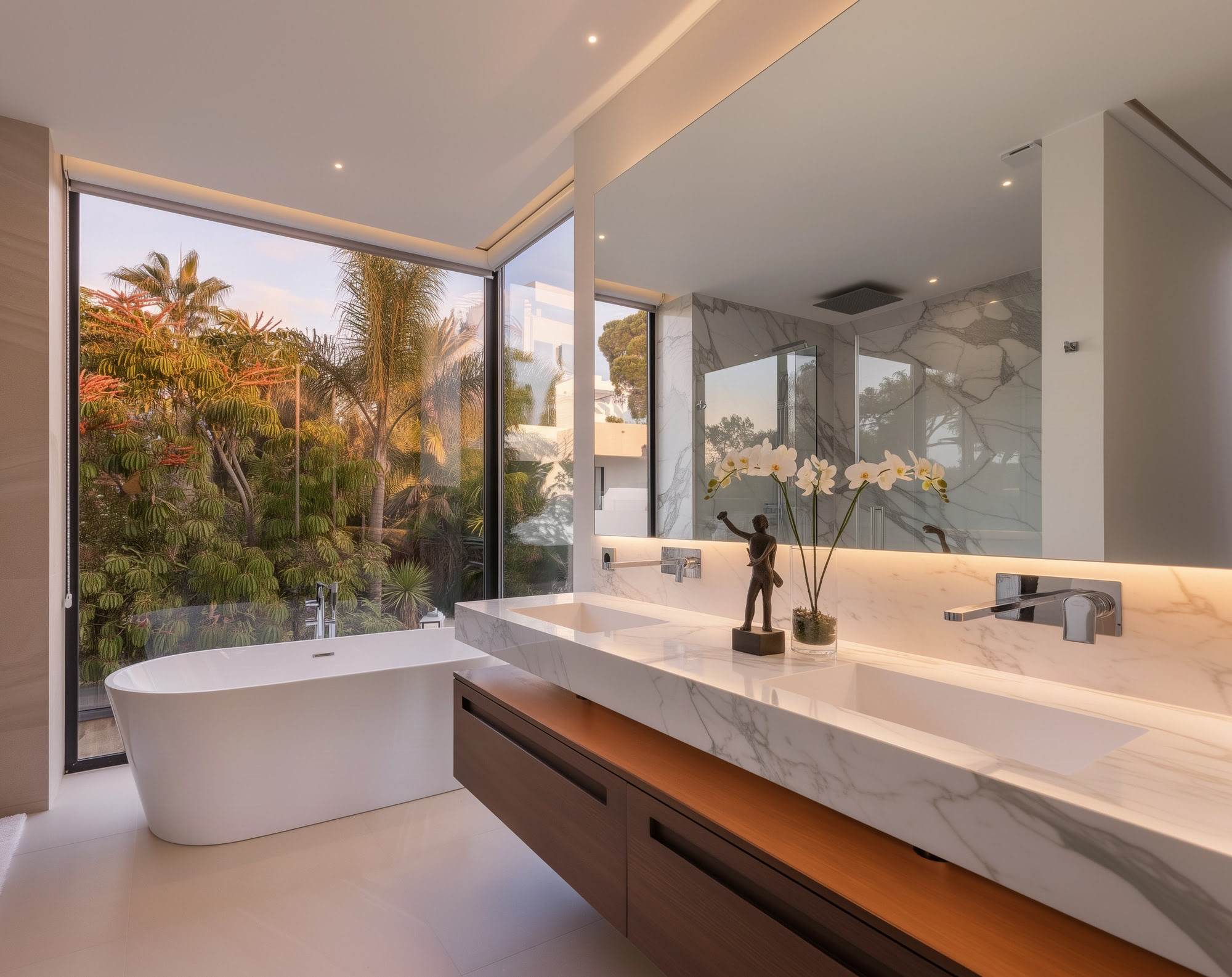 Luxury bathroom at DALÍ Villa with freestanding bathtub, natural stone vanity and large corner glazing