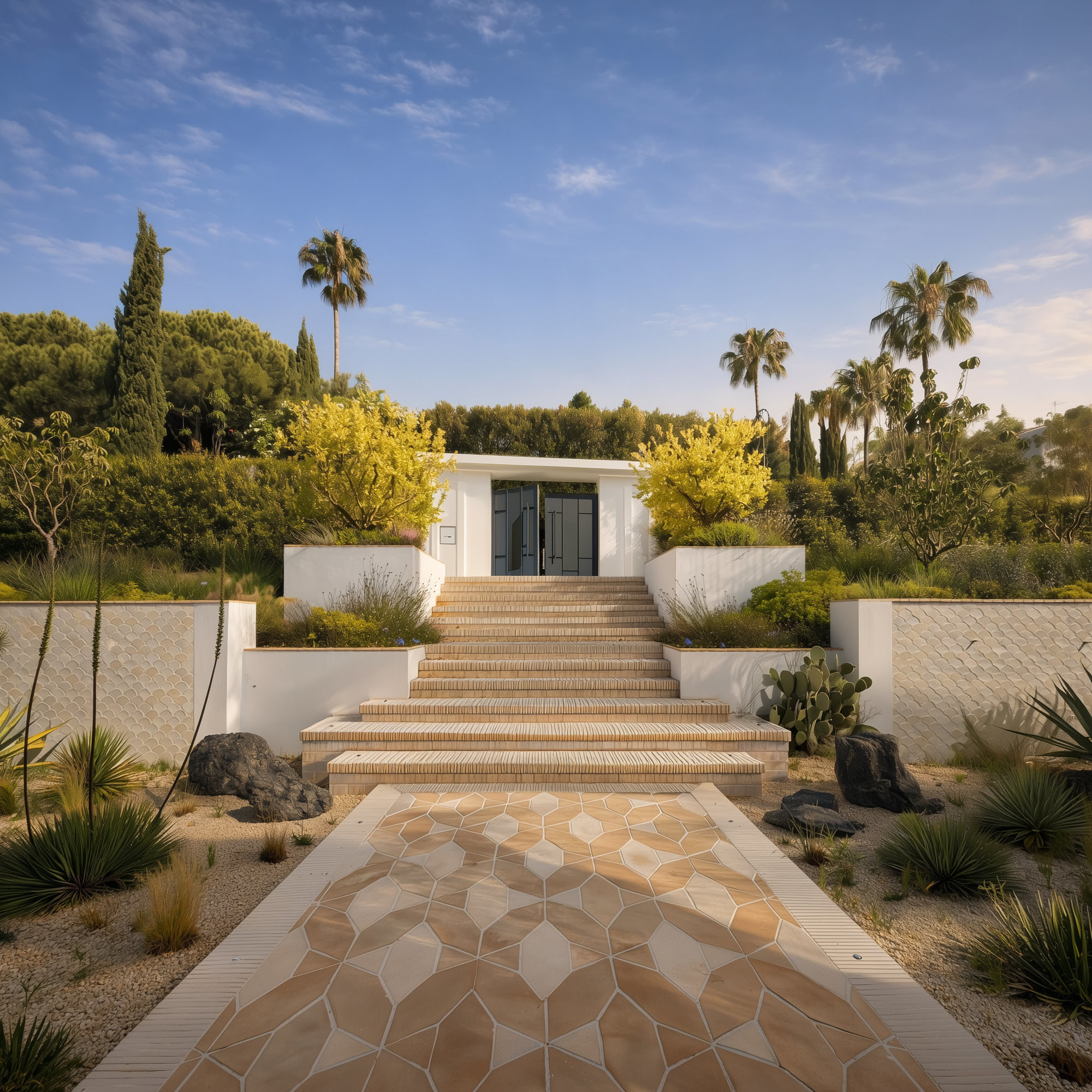 Monumental front stairway and axial garden approach at Villa Diva in Nueva Andalucía