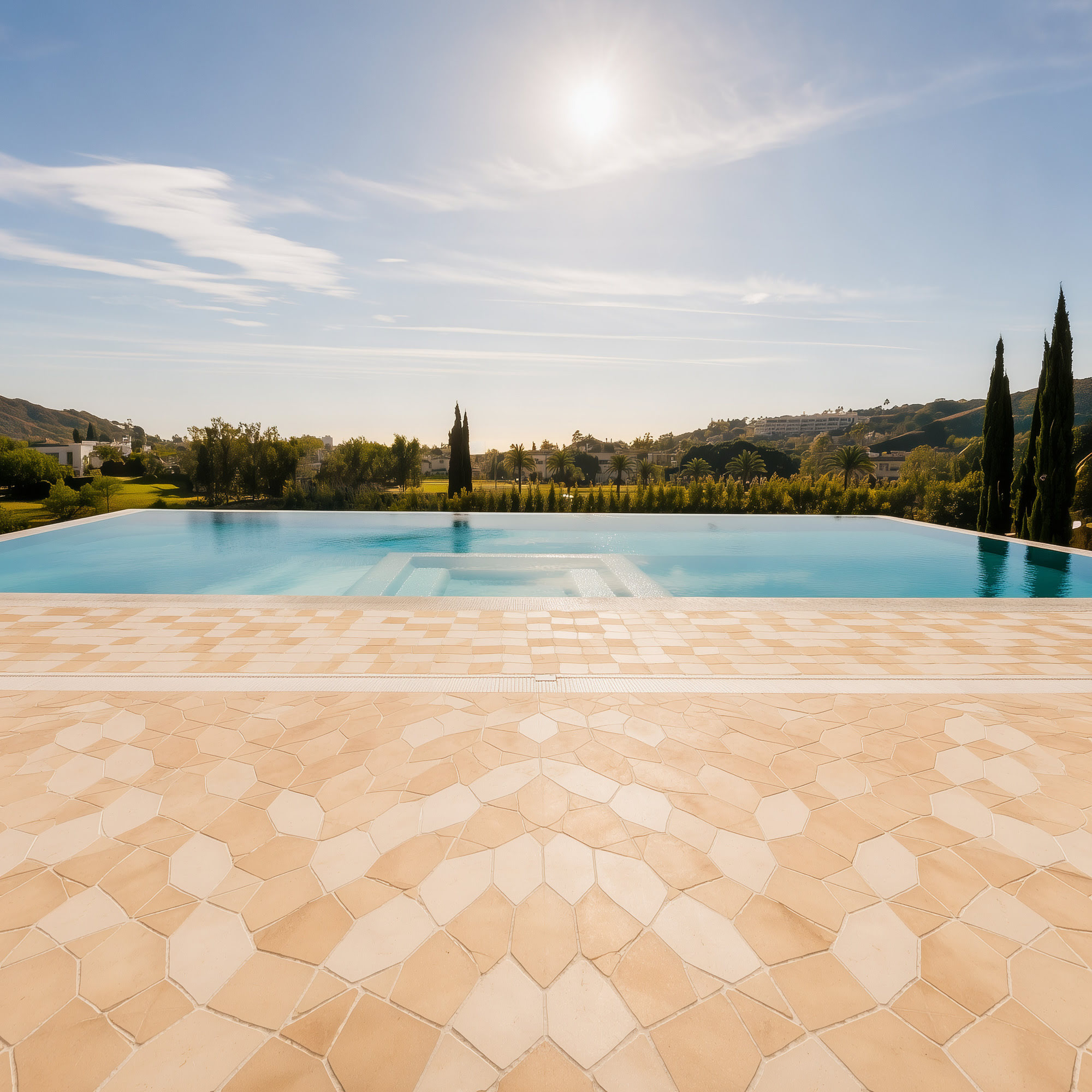 Pool terrace and distant horizon seen from Villa Diva, with sunlit stone paving and calm Mediterranean atmosphere