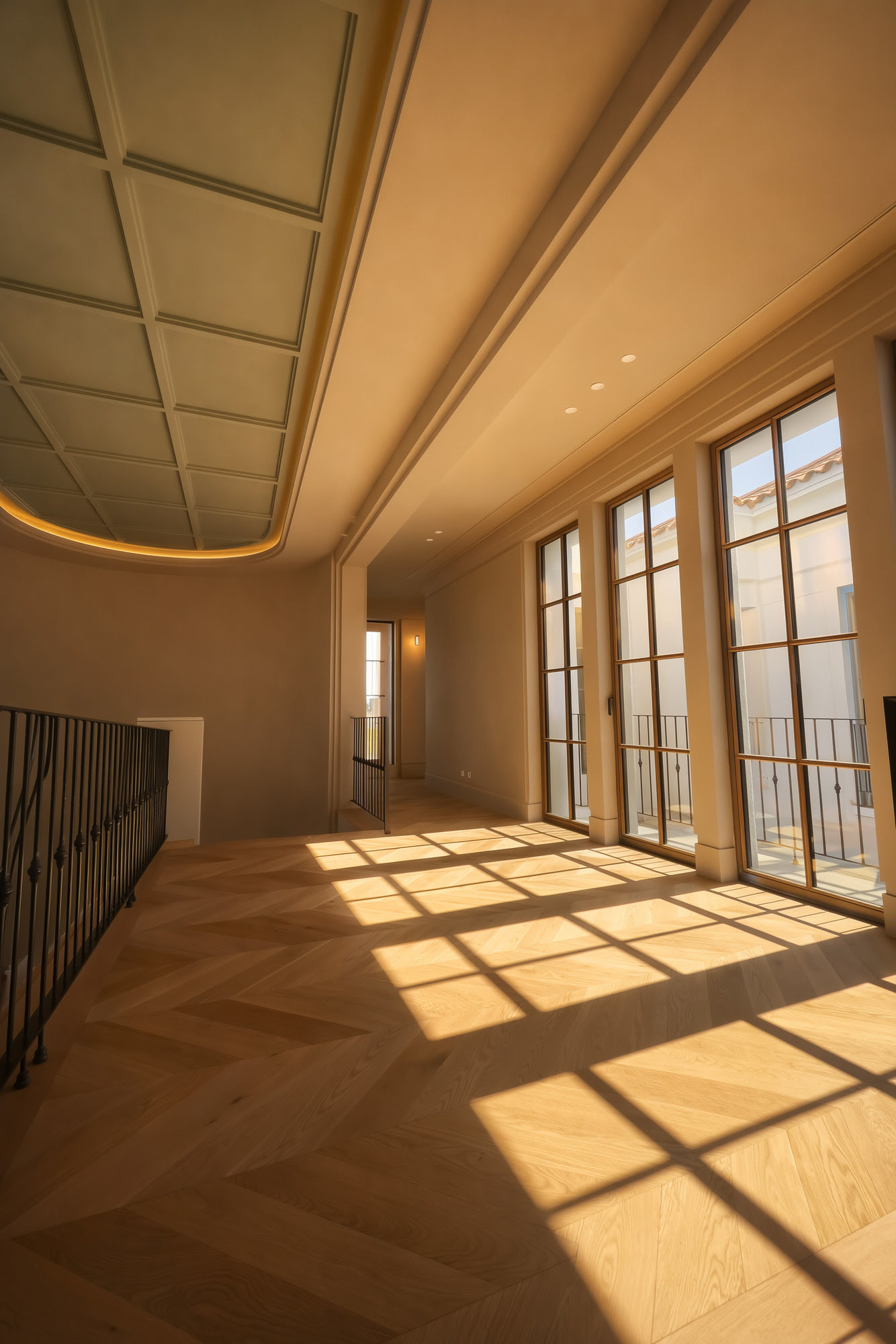 Interior gallery with large French doors, timber flooring and soft afternoon light at Villa Diva