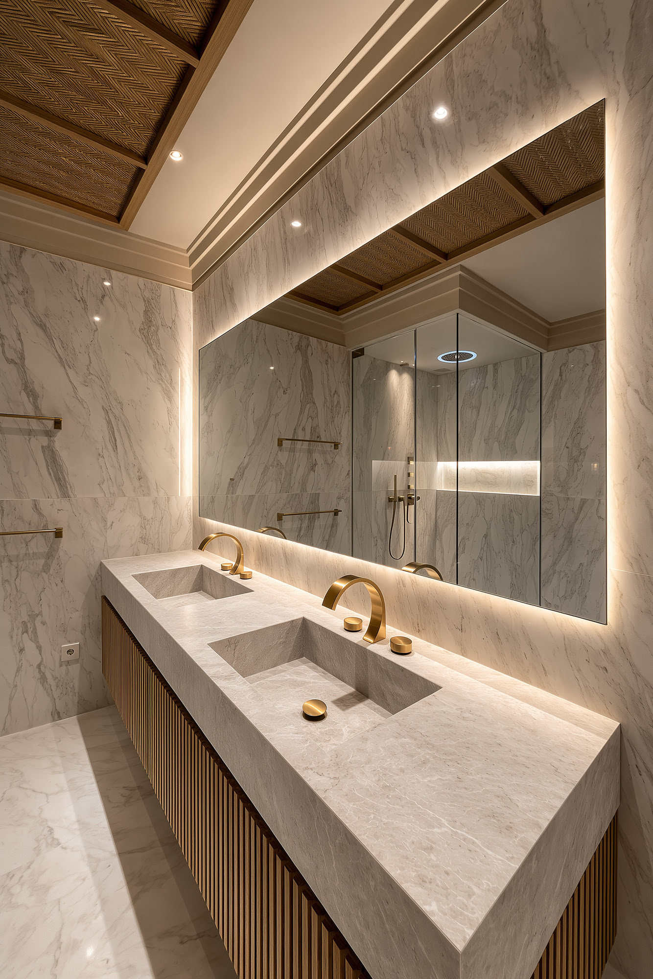Luxury marble bathroom with double vanity, integrated mirror lighting and refined joinery at Villa Diva