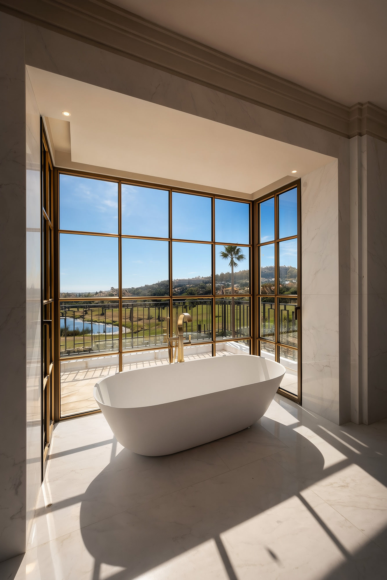 Freestanding bathtub positioned by panoramic glazing in the main bathroom of Villa Diva