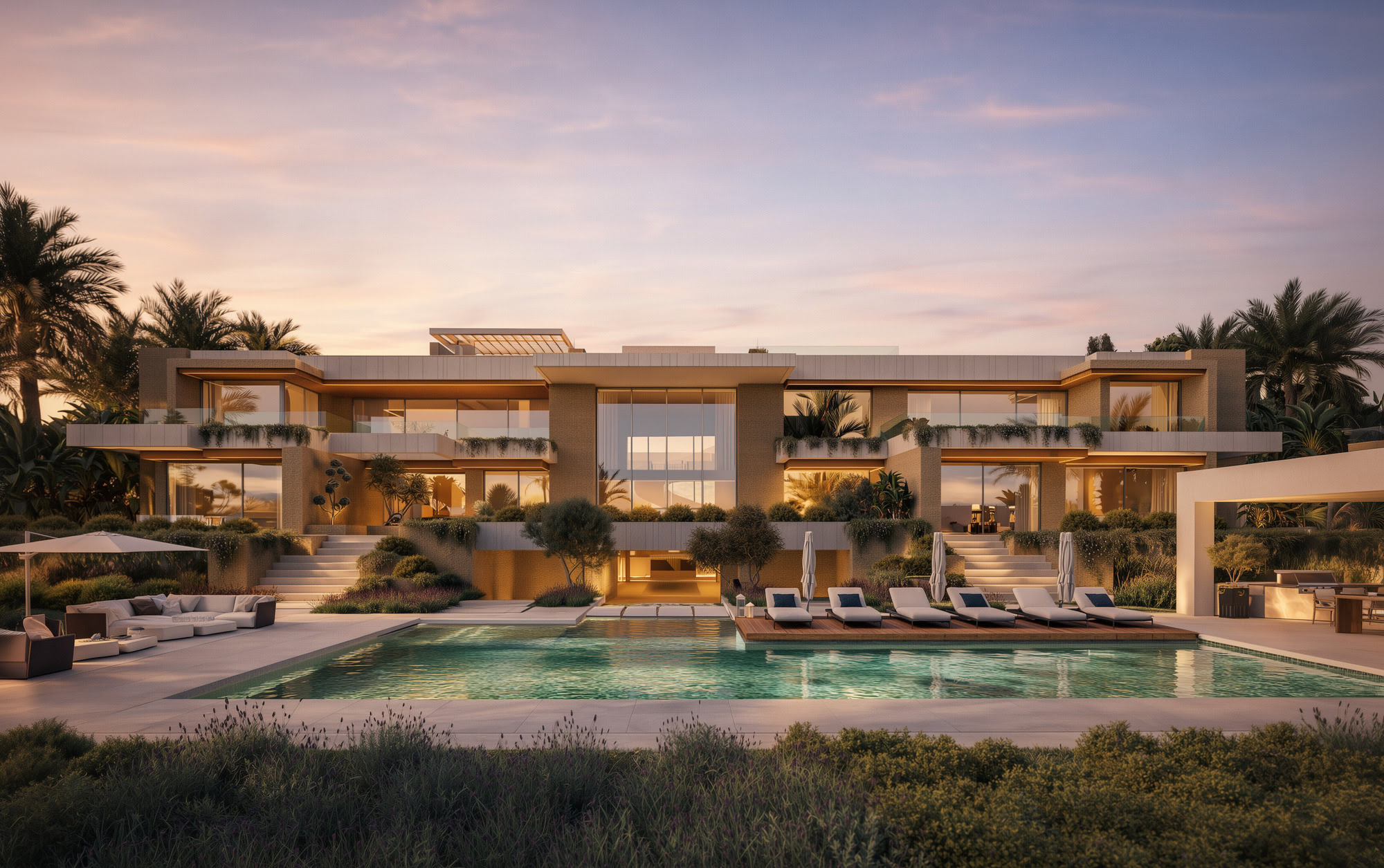 Main façade of Villa FX in Los Monteros with architectural volumes and Mediterranean garden