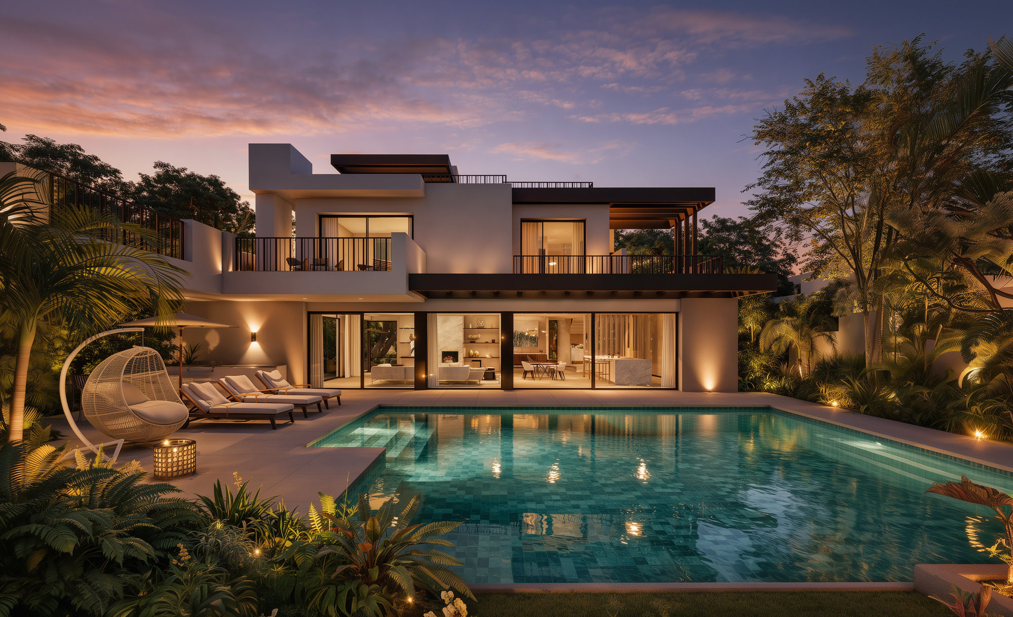 Frontal twilight view of Guadalmina 18 with reflective pool, tropical landscaping and warm interior glow