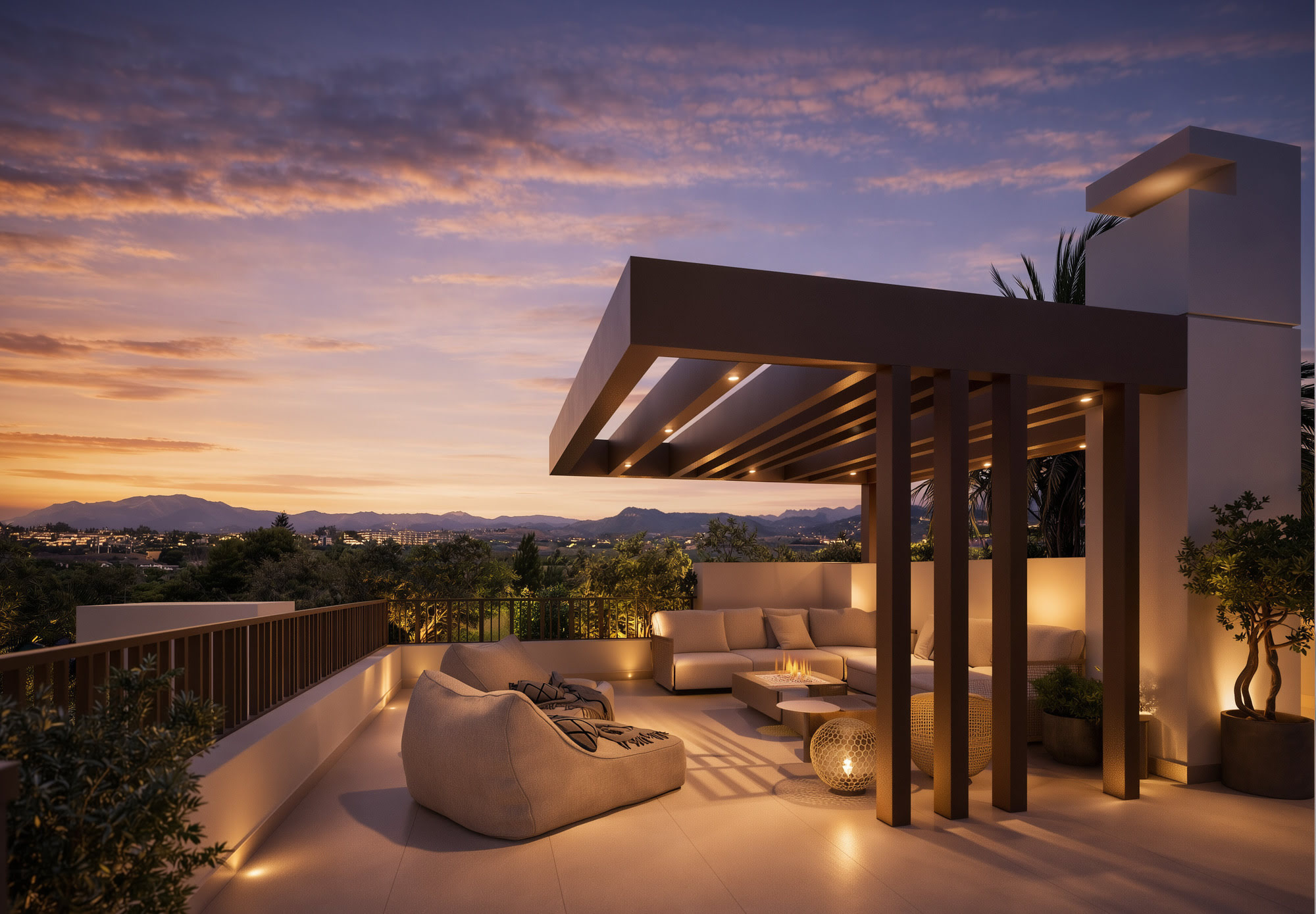 Upper terrace sunset view at Guadalmina 18 with sculptural pergola, lounge seating and golf-side outlook