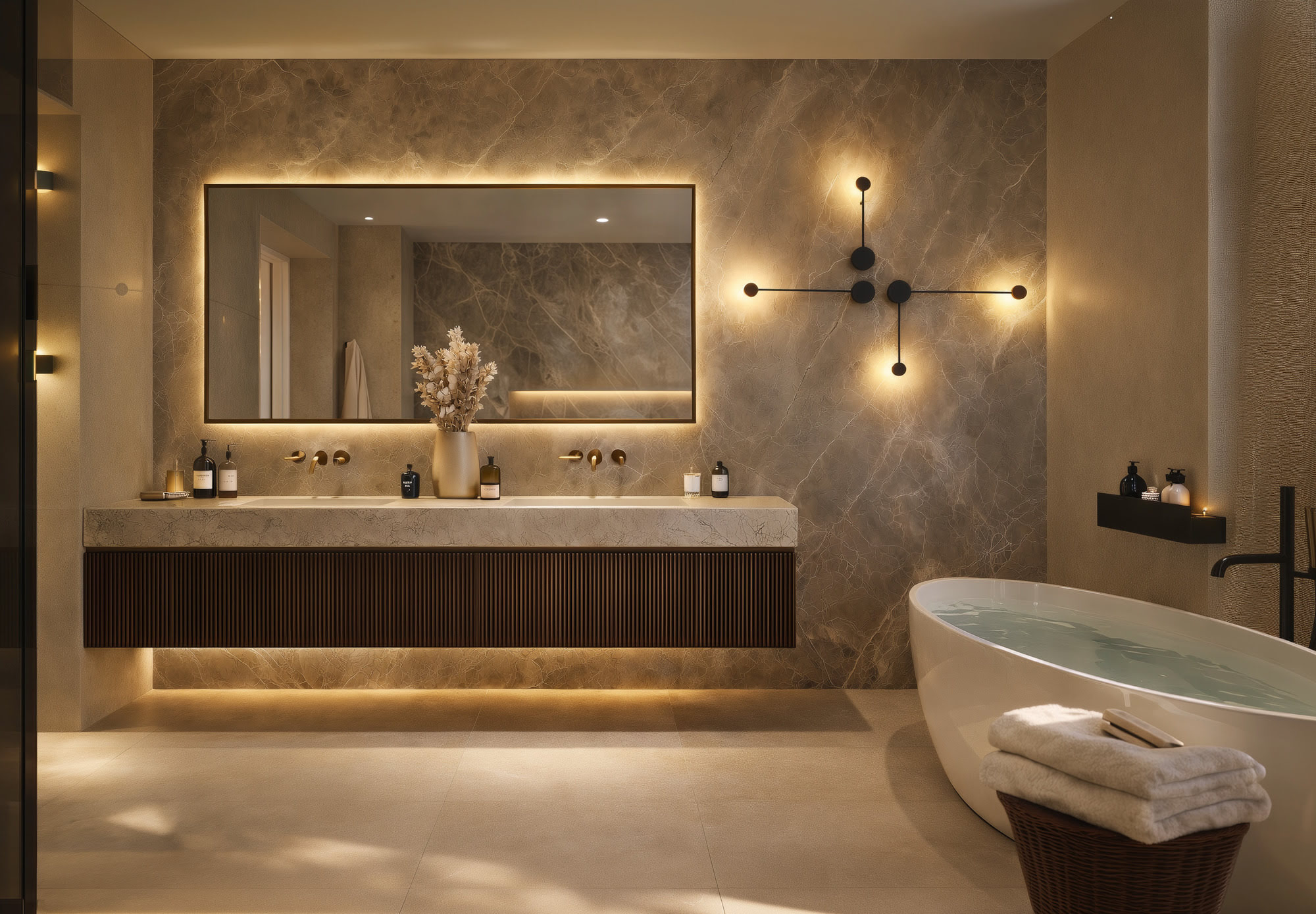 Spa-style main bathroom at Guadalmina 18 with stone walls, sculptural bathtub and layered ambient lighting