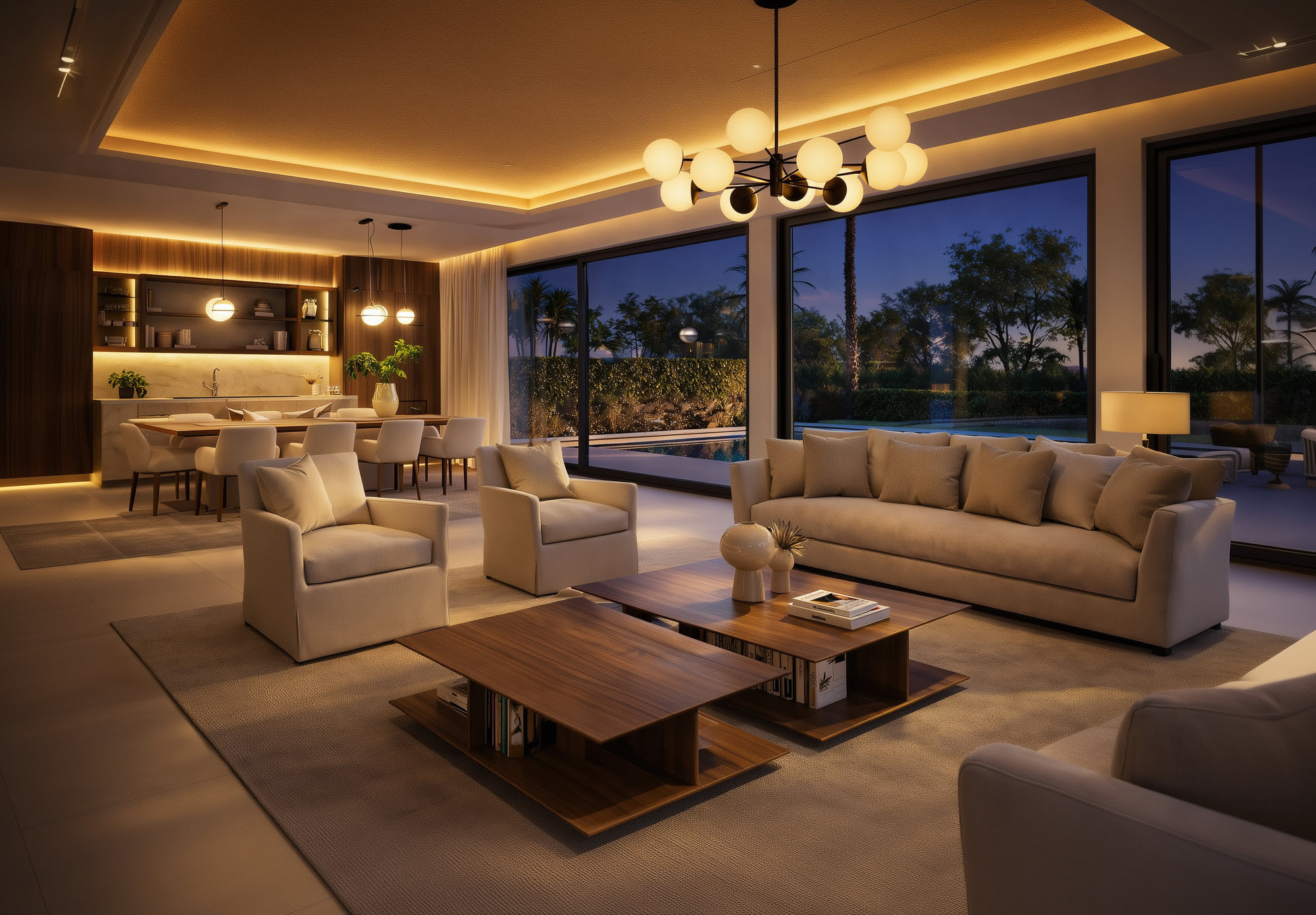 Main living room at Guadalmina 18 with open corners, warm lighting and connection to the terrace and pool