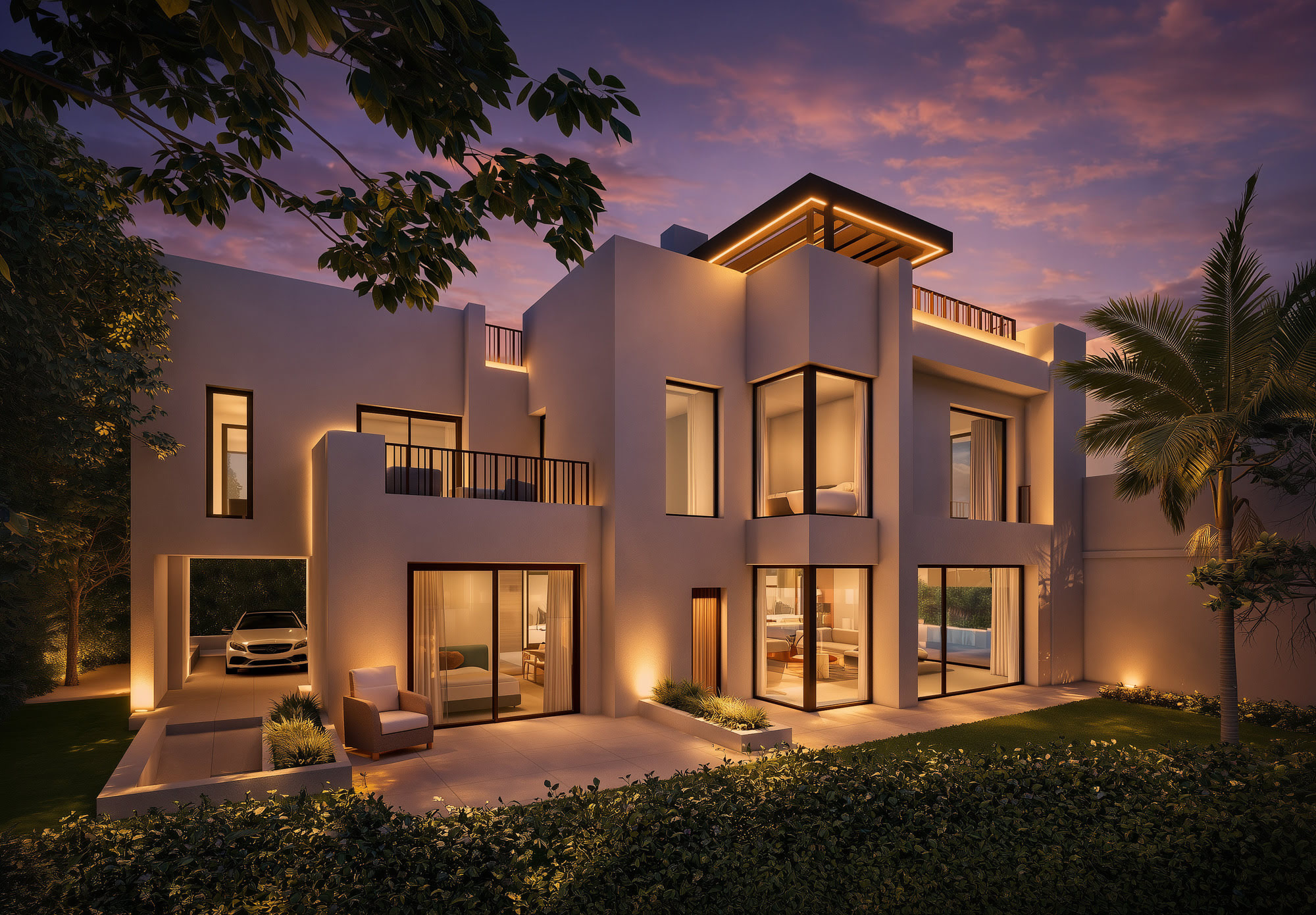 Garden-side architectural view of Guadalmina 18 showing sculpted contemporary volumes and soft evening lighting