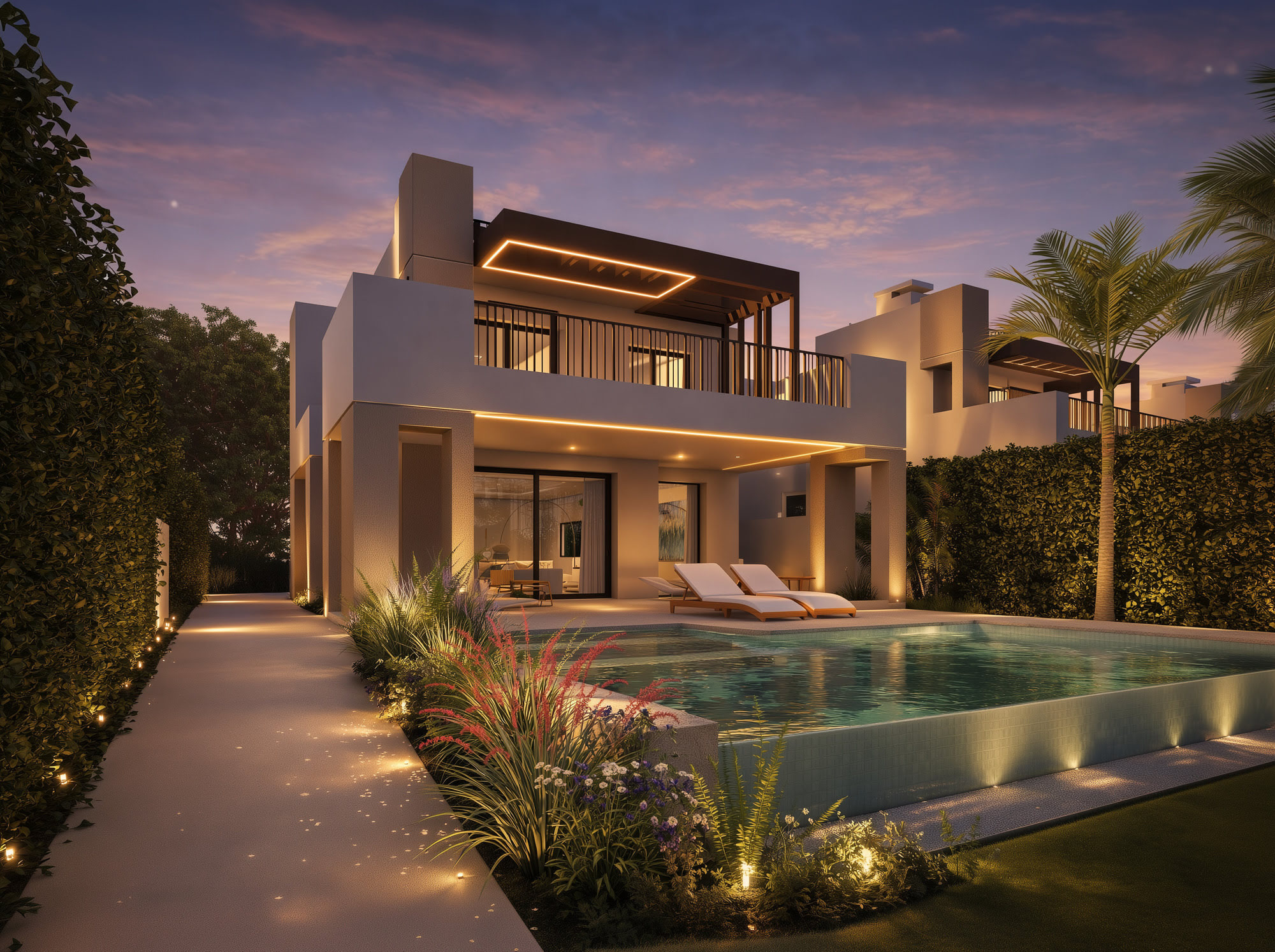 Pool façade of Guadalmina 18 at sunset with balanced proportions, layered terraces and lush planting