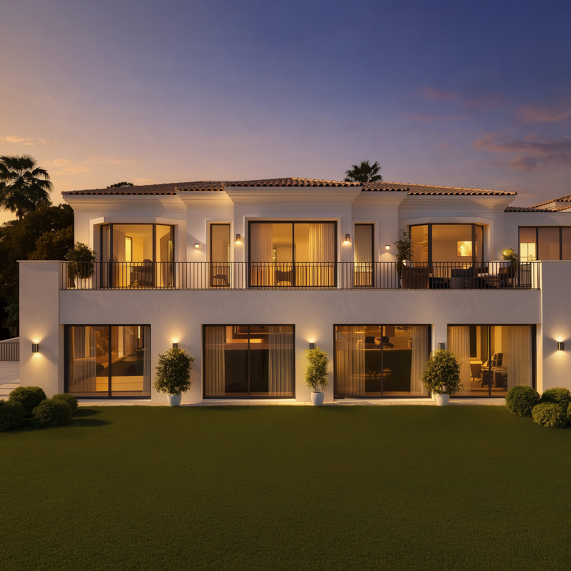 Garden façade of Villa H35 with elegant composition, rhythmic openings and calm evening atmosphere