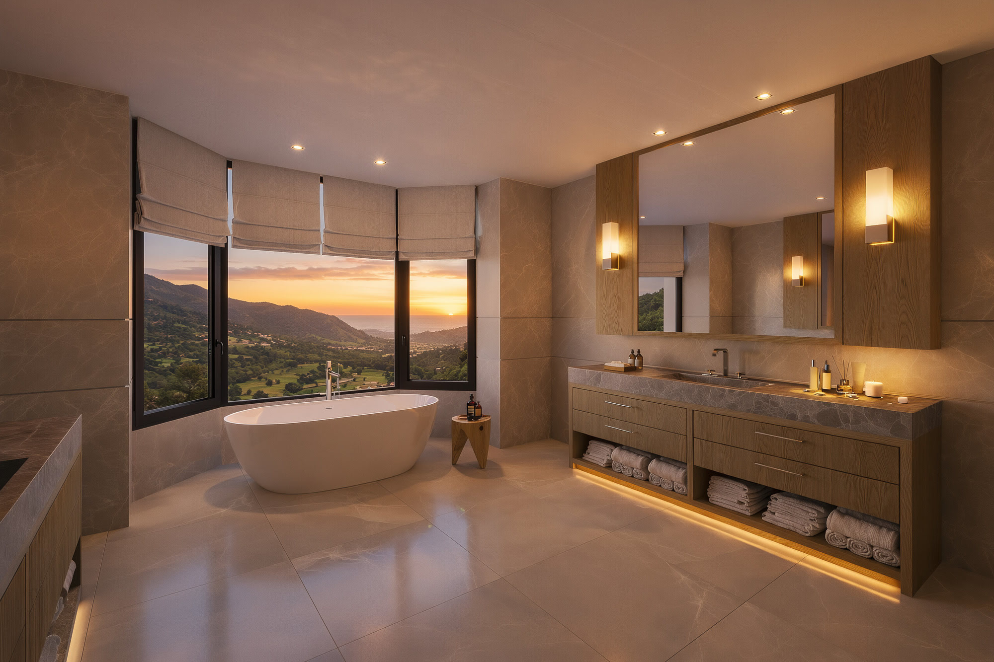Luxury bathroom at Villa H35 with freestanding bathtub, panoramic glazing and natural stone detailing