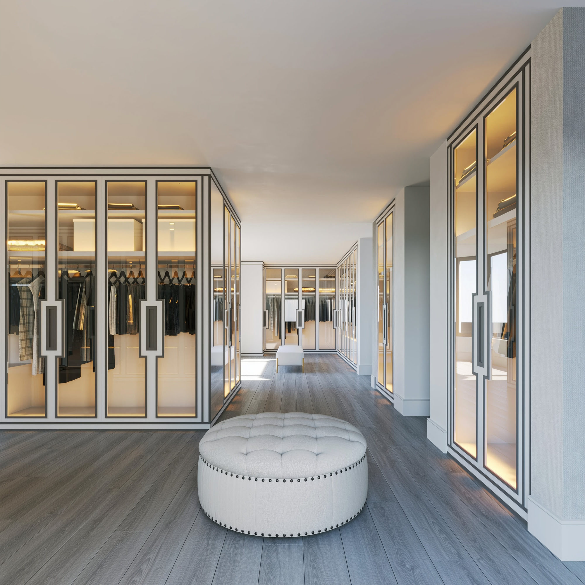 Walk-in wardrobe gallery at Villa H35 with illuminated cabinetry and calm contemporary detailing
