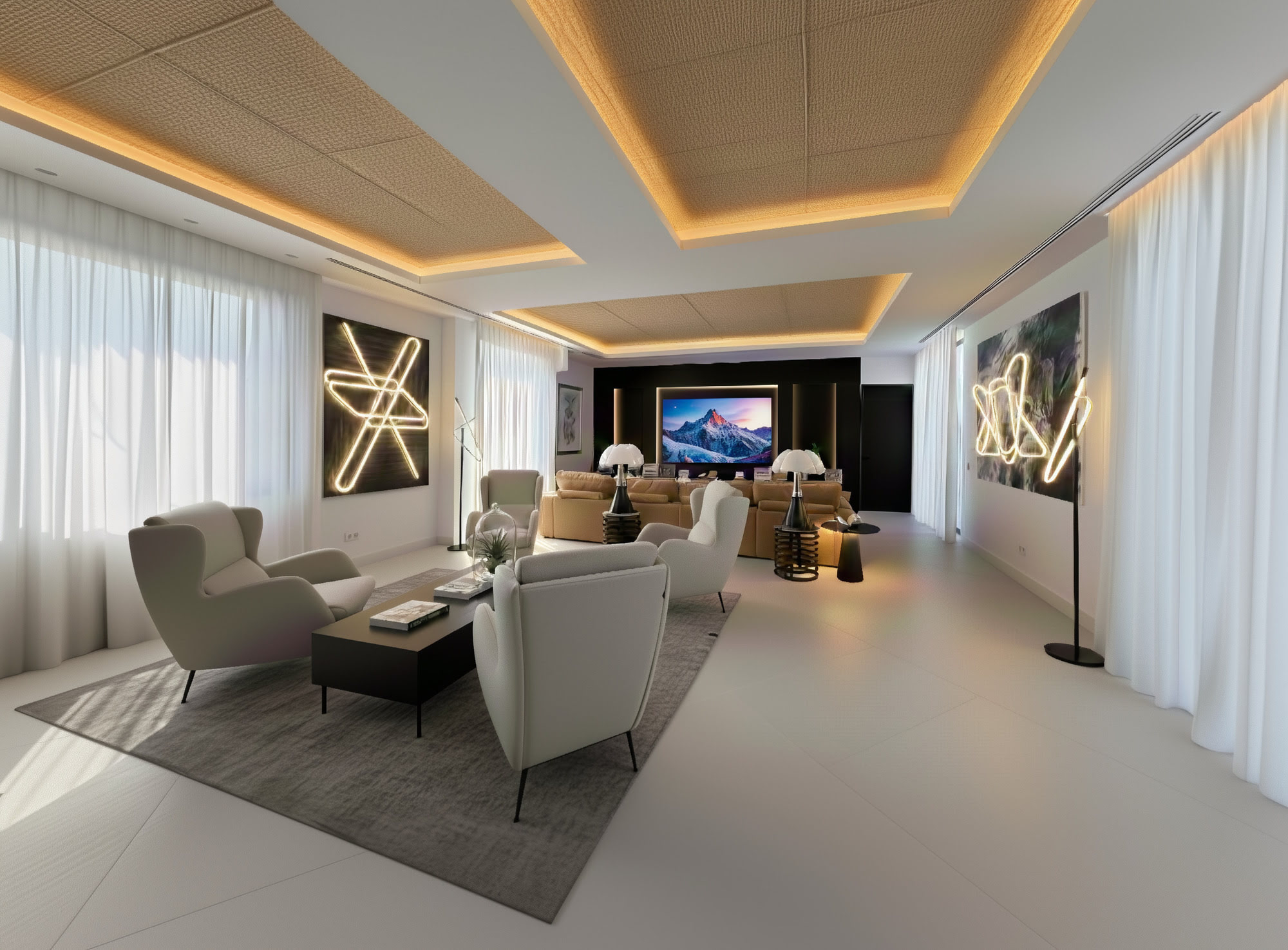 Main living room at Hillview Estate with coffered ceiling, generous seating and a seamless connection to the outdoor terrace