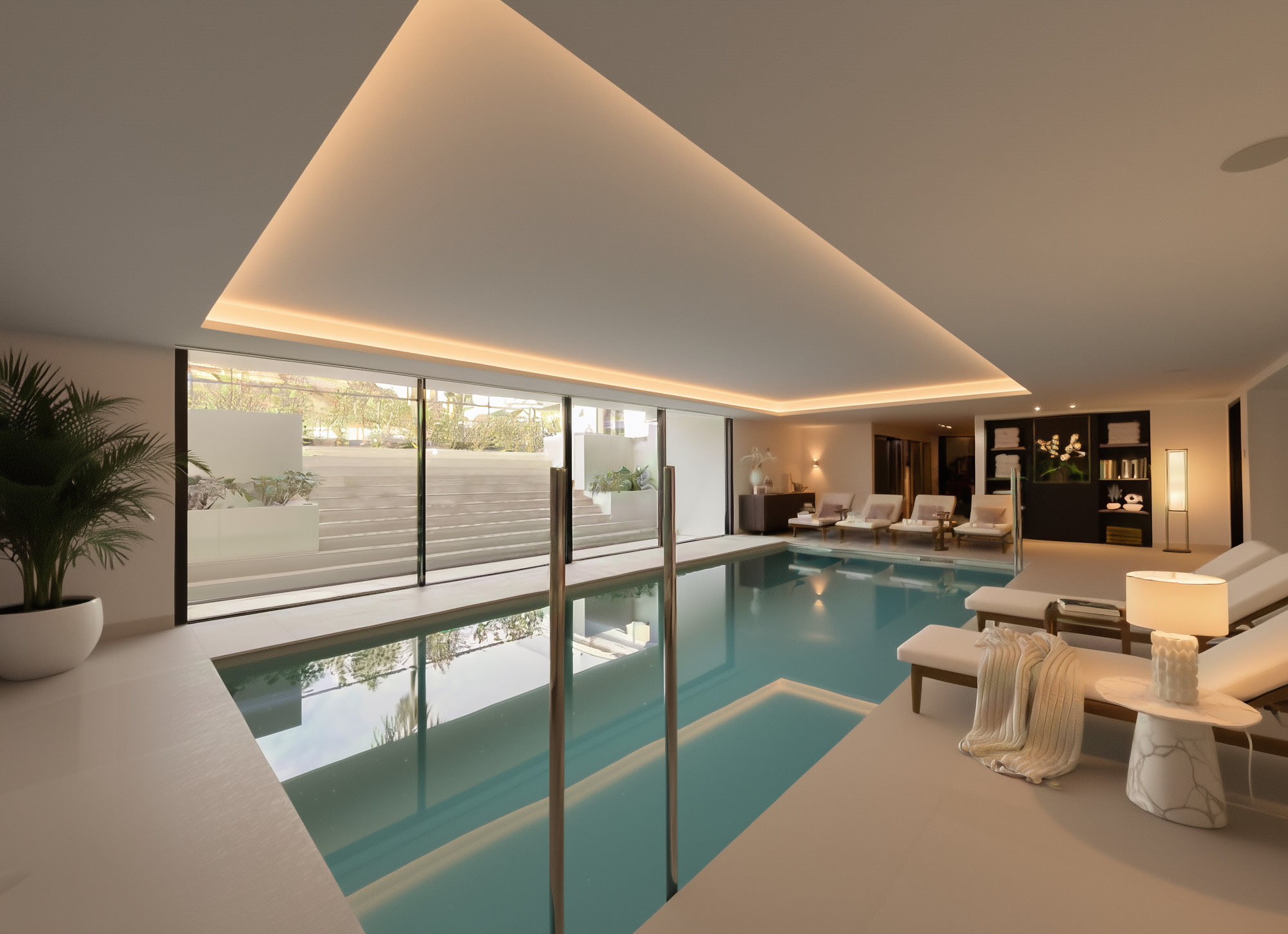 Indoor wellness pool at Hillview Estate with soft linear lighting, spa atmosphere and direct visual continuity to the lounge