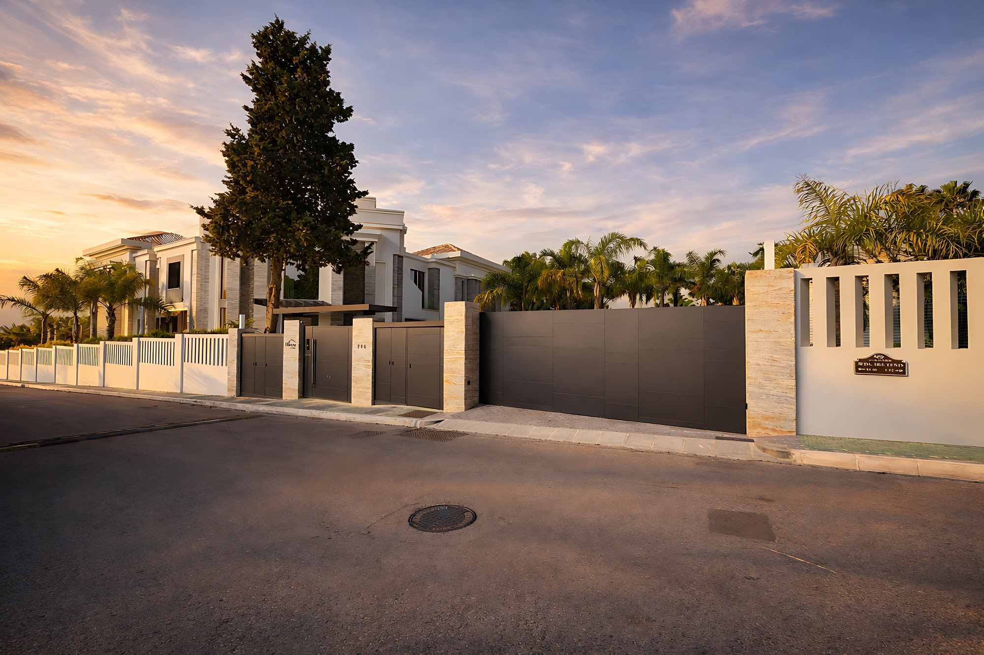 Street frontage of Hillview Estate with controlled privacy, perimeter walls and contemporary landscaping in Los Monteros