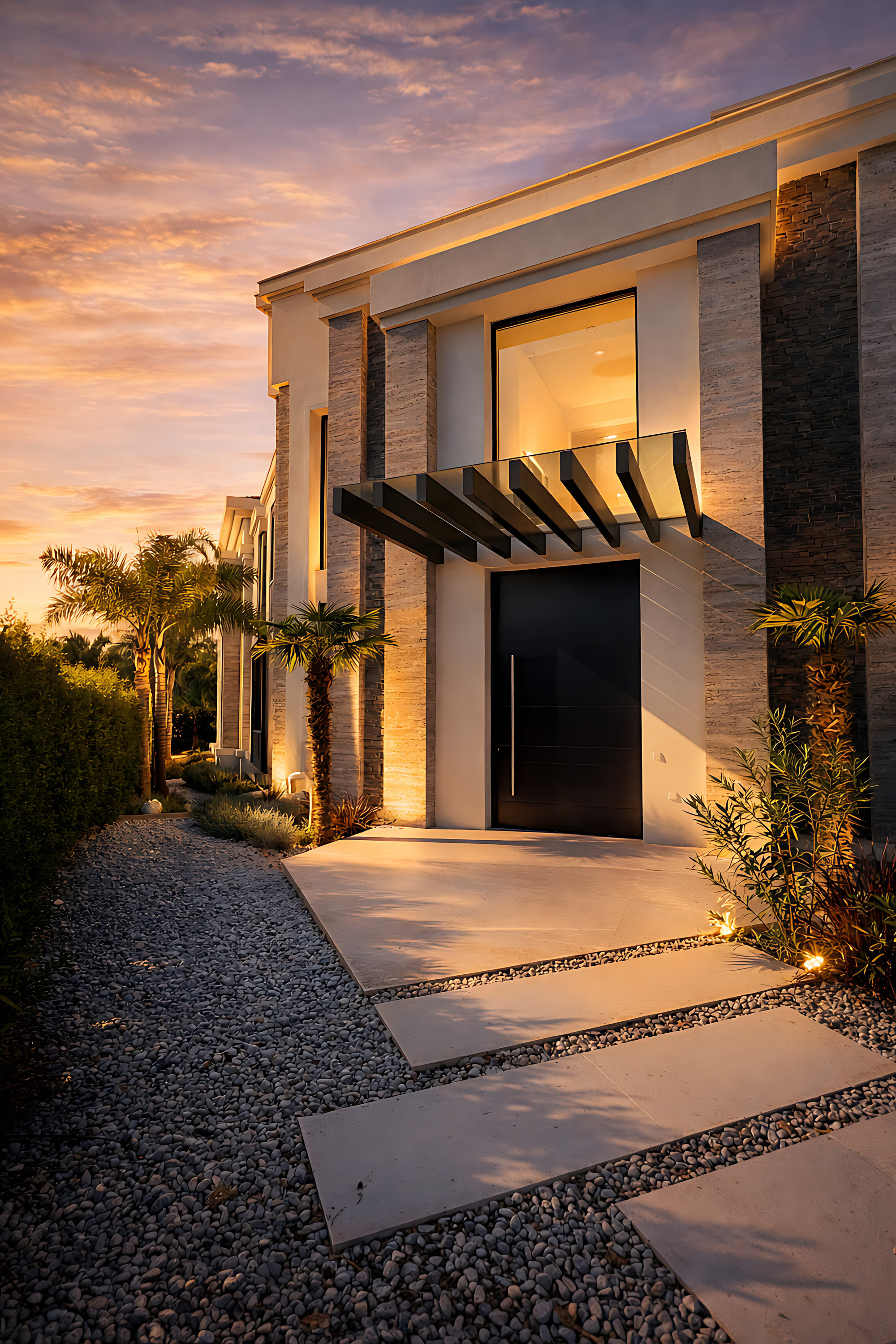 Main entrance walkway at Hillview Estate framed by crisp geometry, stone planes and golden-hour light