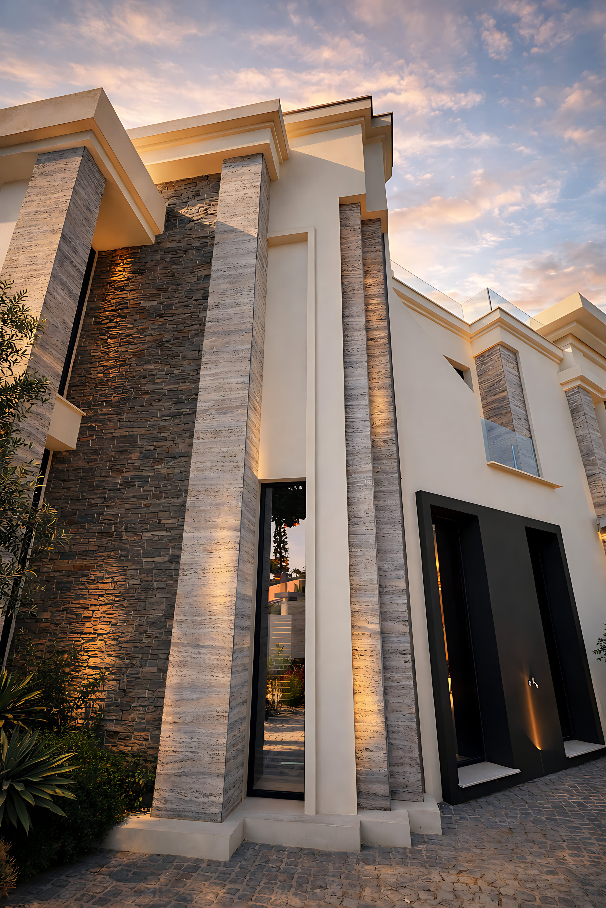 Vertical corner view of Hillview Estate showing the dramatic height and refined detailing of the entrance façade