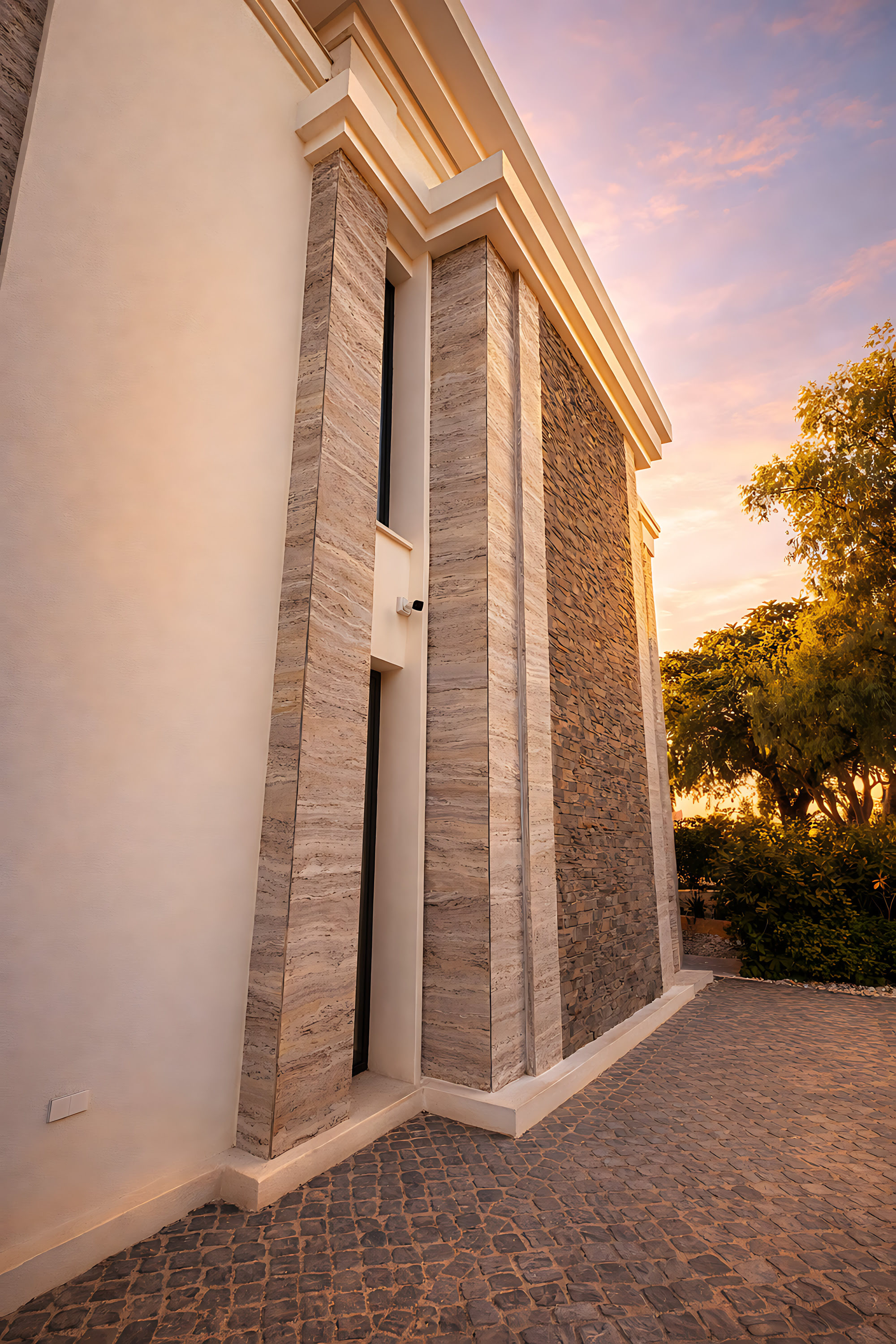 Detail view of a tall corner aperture at Hillview Estate with warm evening light and precise façade modelling