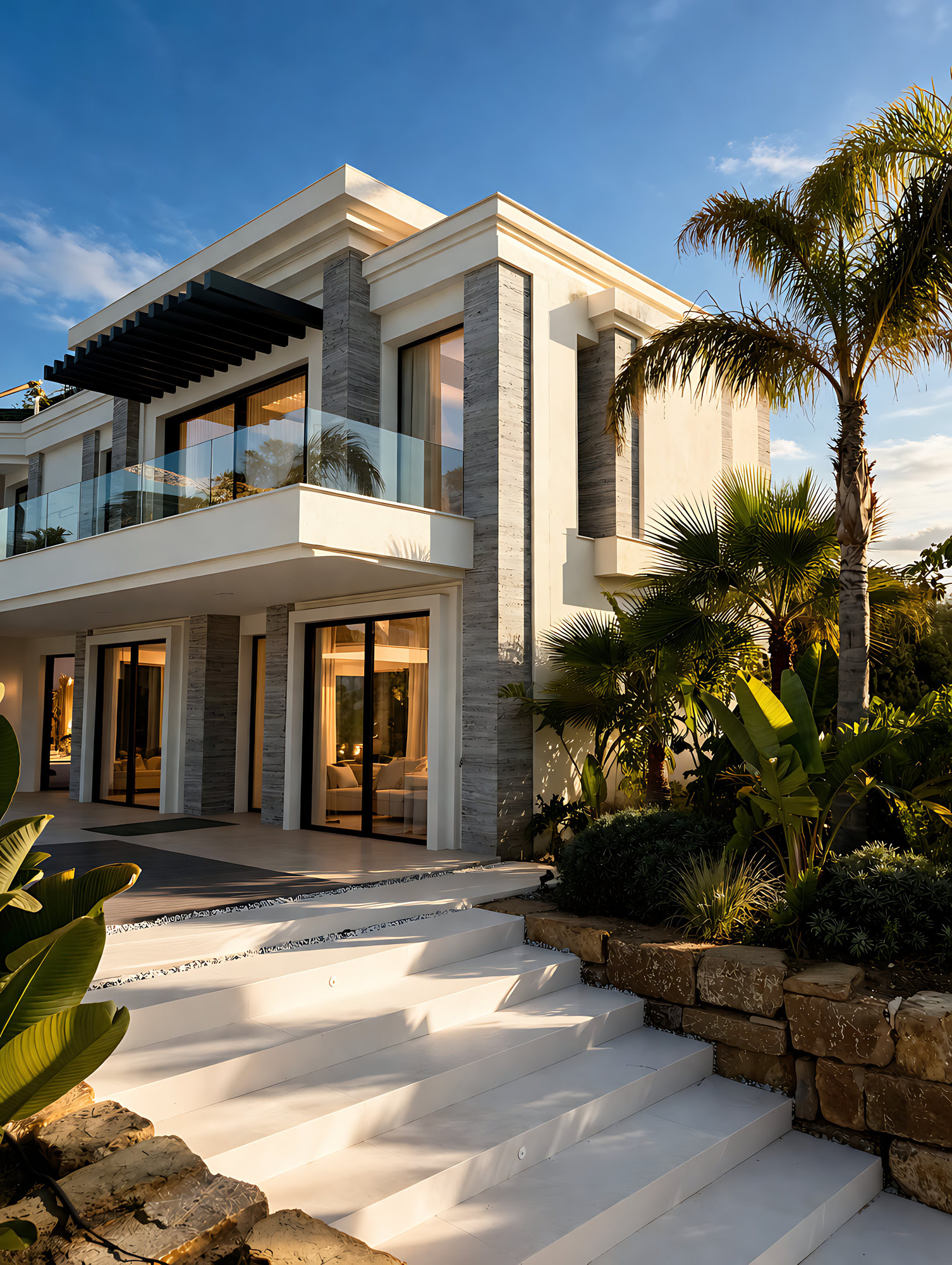 Landscape approach to Hillview Estate pool façade with tropical planting, steps and grand architectural presence