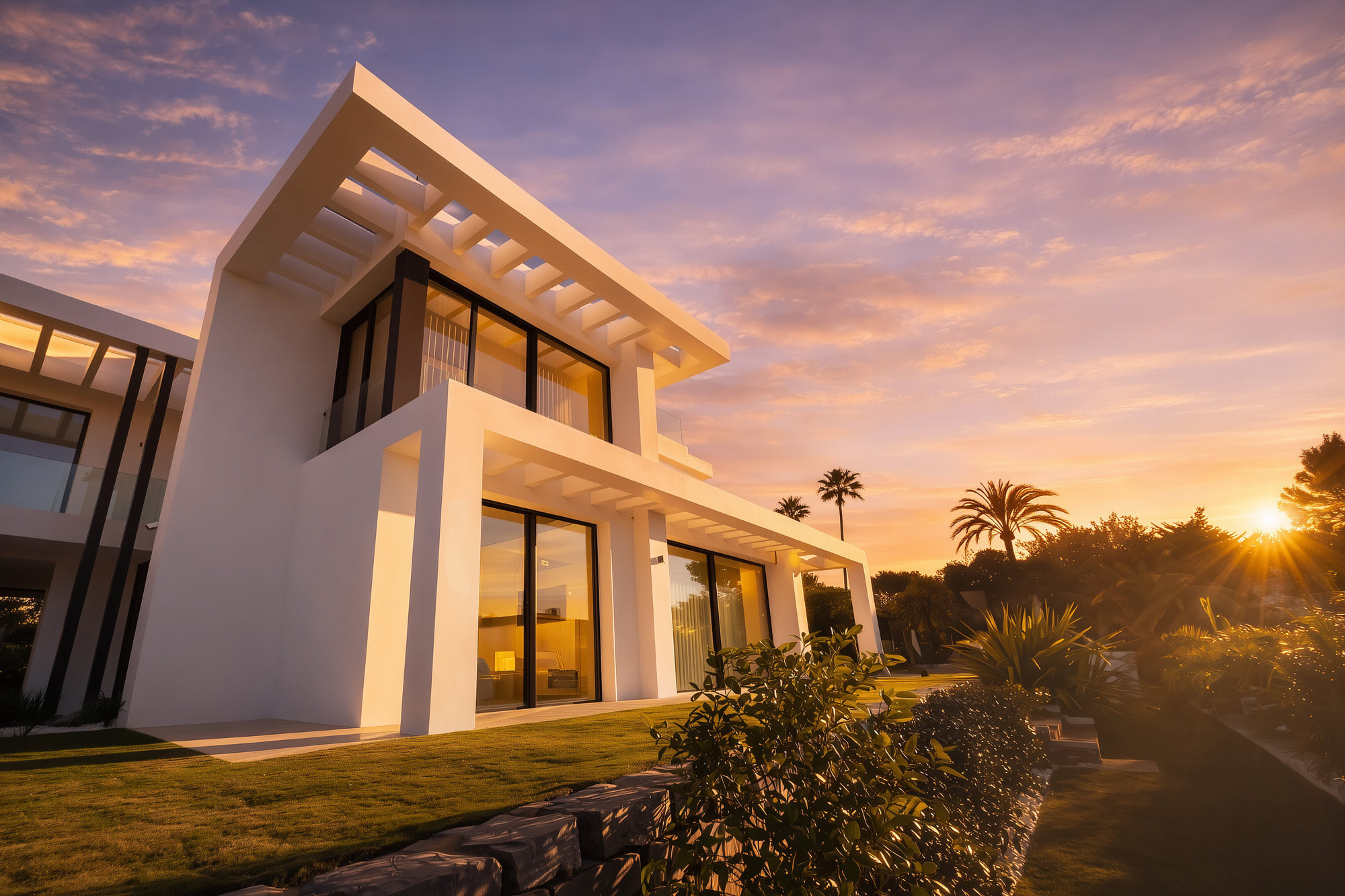 Front perspective of Villa Inés highlighting clean white architecture, landscaped slope and Mediterranean light
