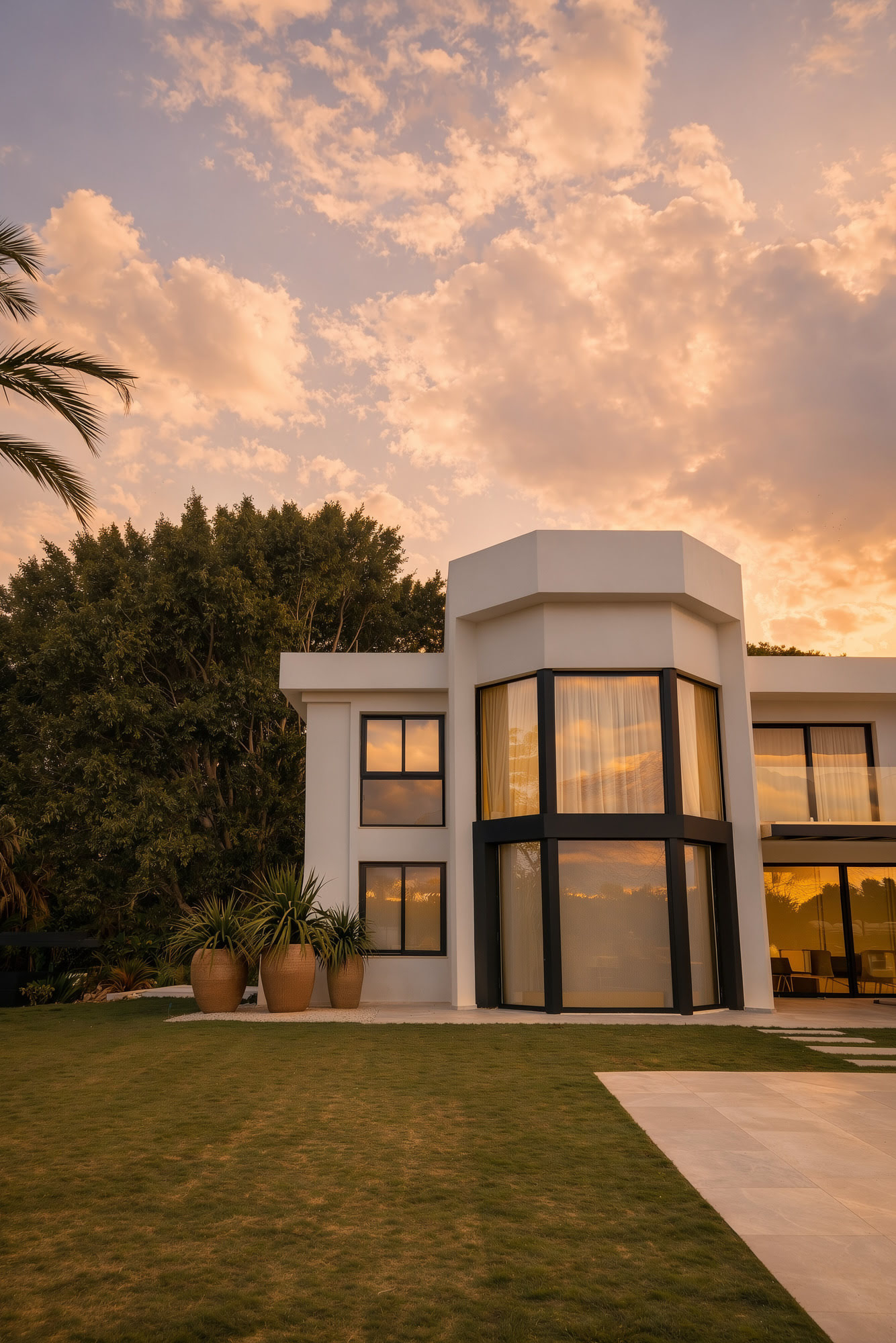 Exterior corner view of Villa Liria at sunset showing the renewed façade and garden setting