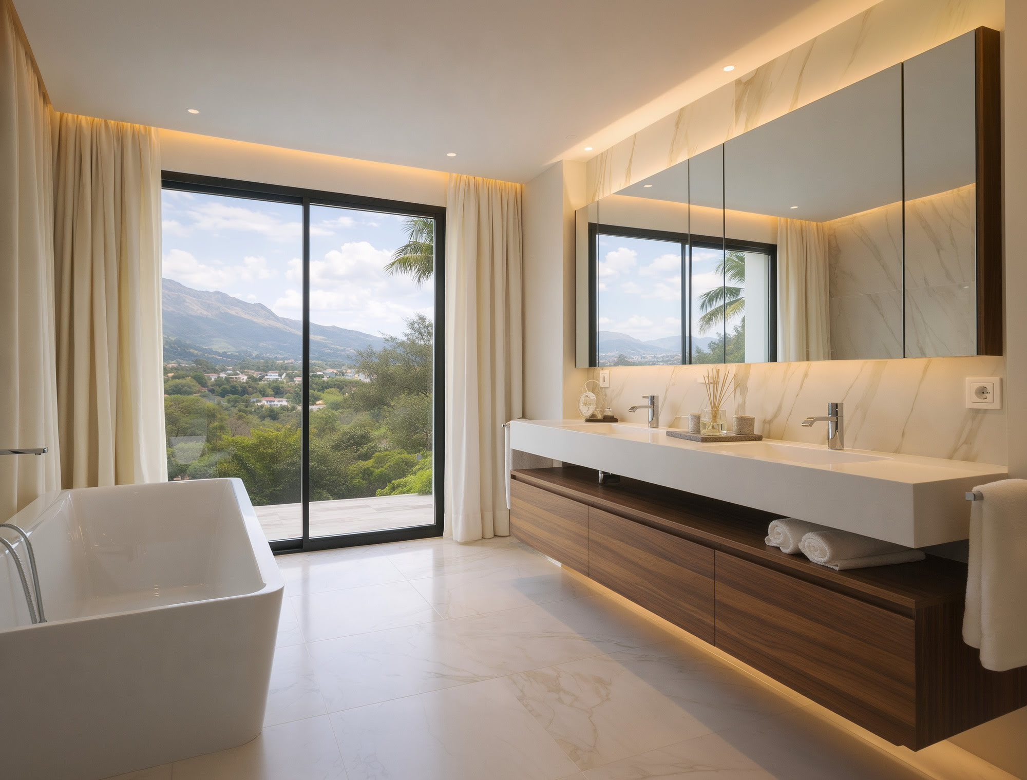 Main bathroom in Villa Liria with freestanding bathtub, natural stone finishes and landscape views