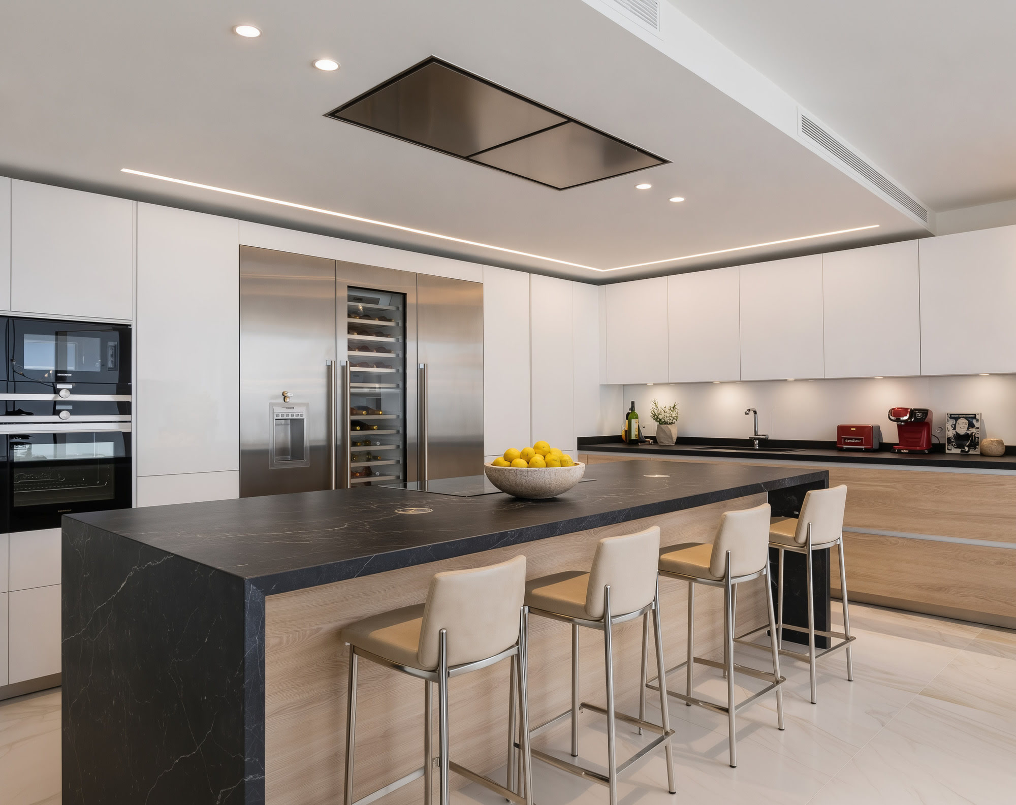 Contemporary kitchen with island in Villa Liria luxury renovation project in Marbella