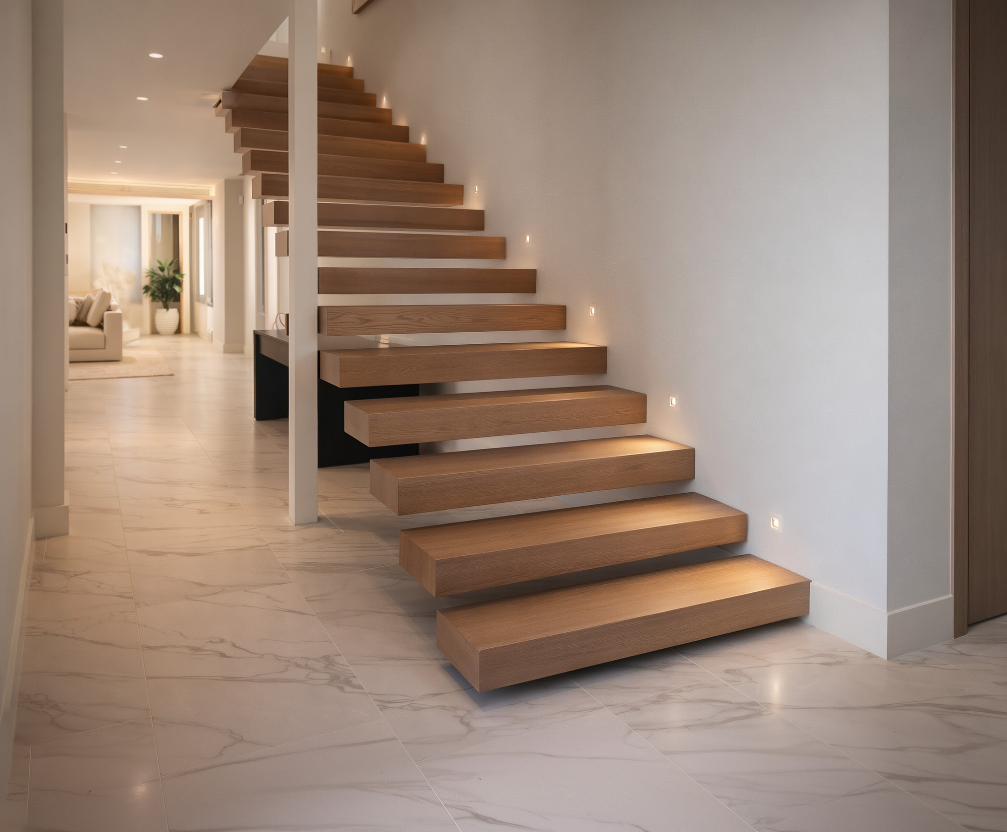 Floating staircase detail in Villa Liria showing material precision and architectural continuity