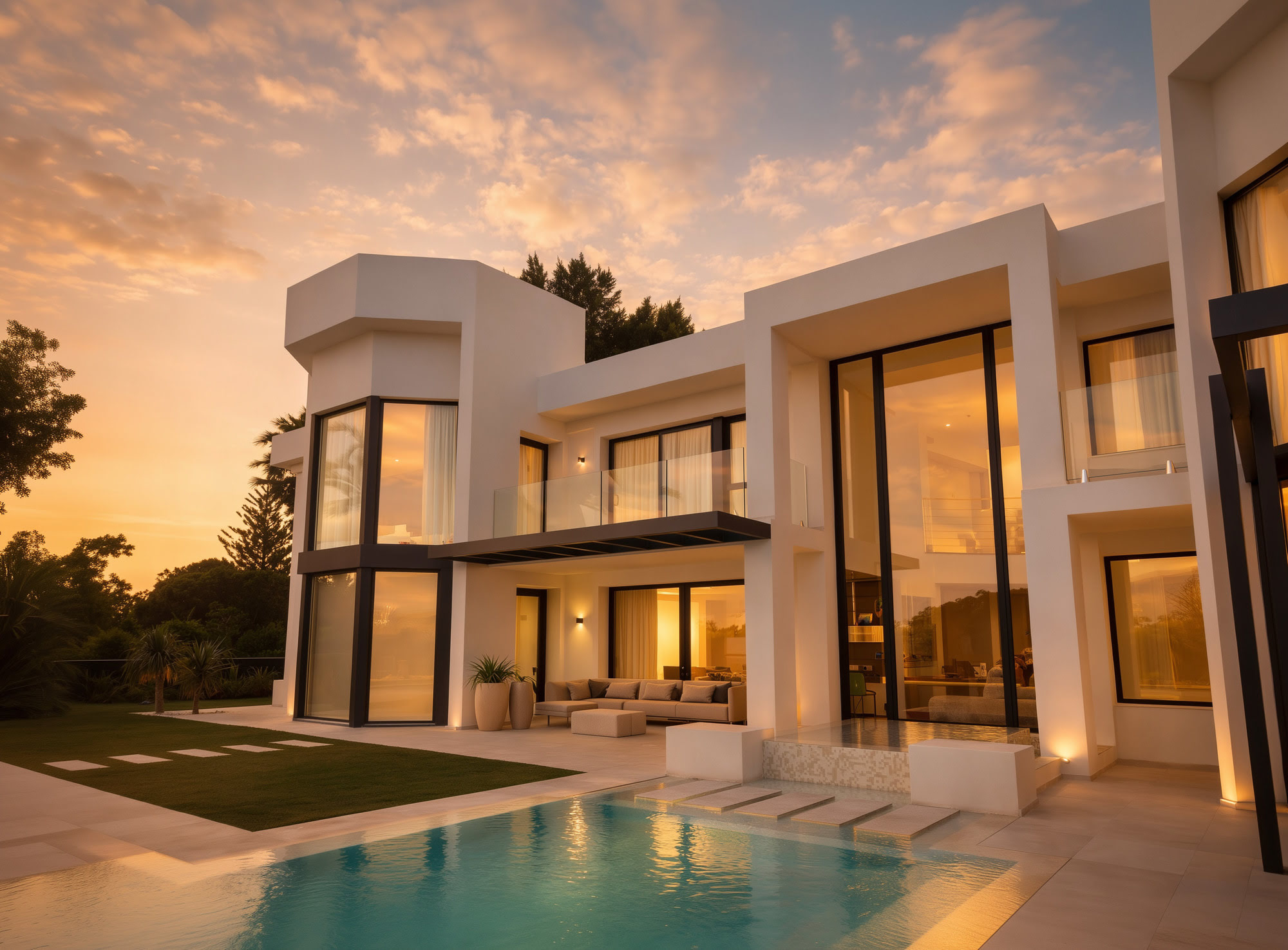 Blue hour exterior of Villa Liria in La Cerquilla with refined pool terrace and sculptural façade