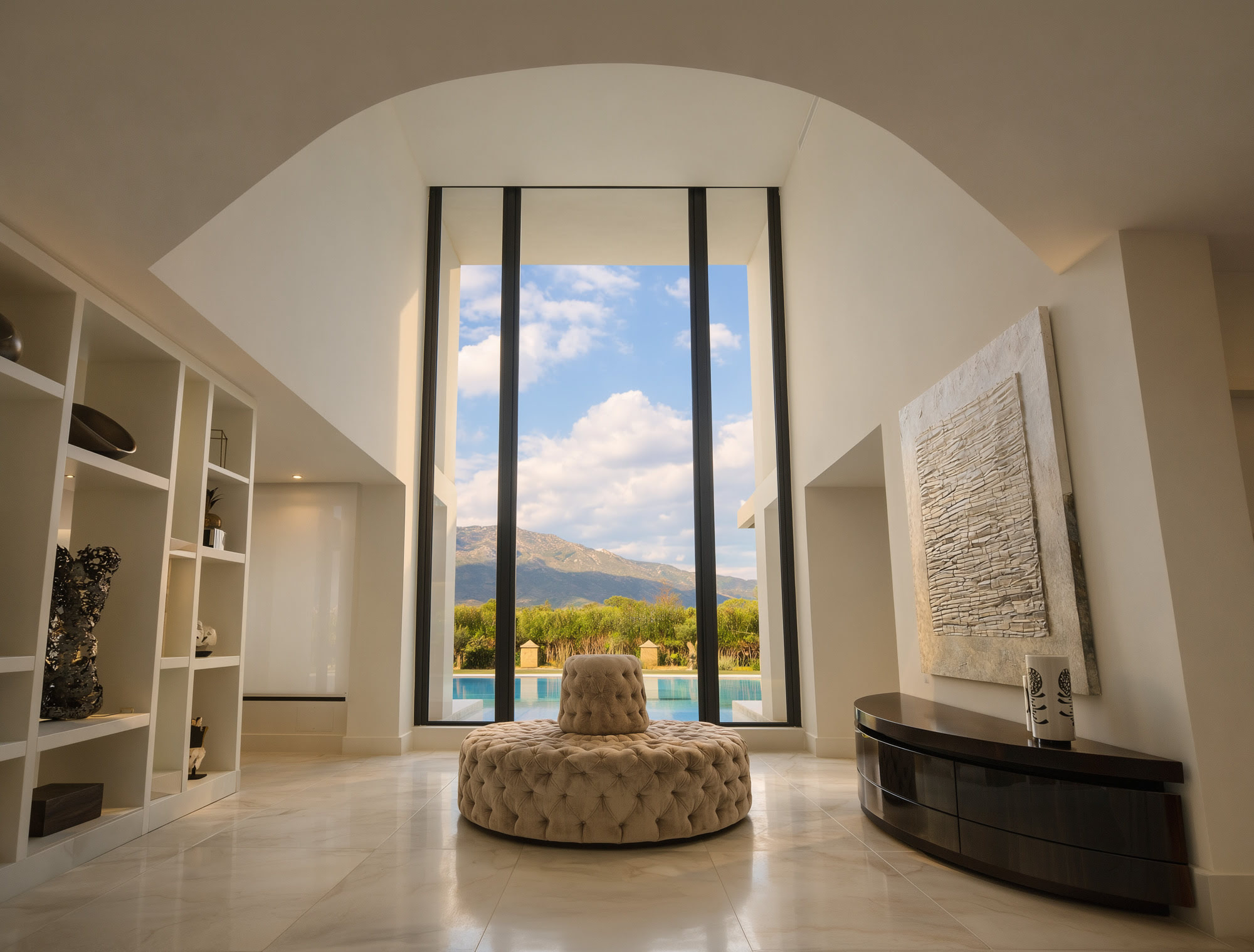 Double-height interior space in Villa Liria with sculptural opening and filtered daylight