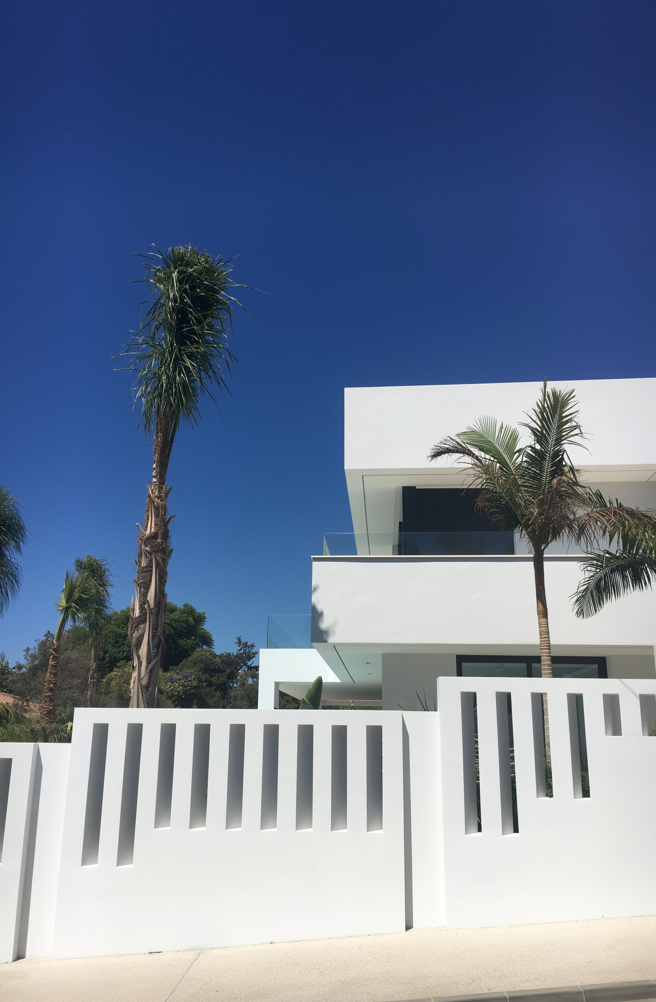 Street view of M152 showing contemporary villa architecture, white boundary wall and tropical landscaping