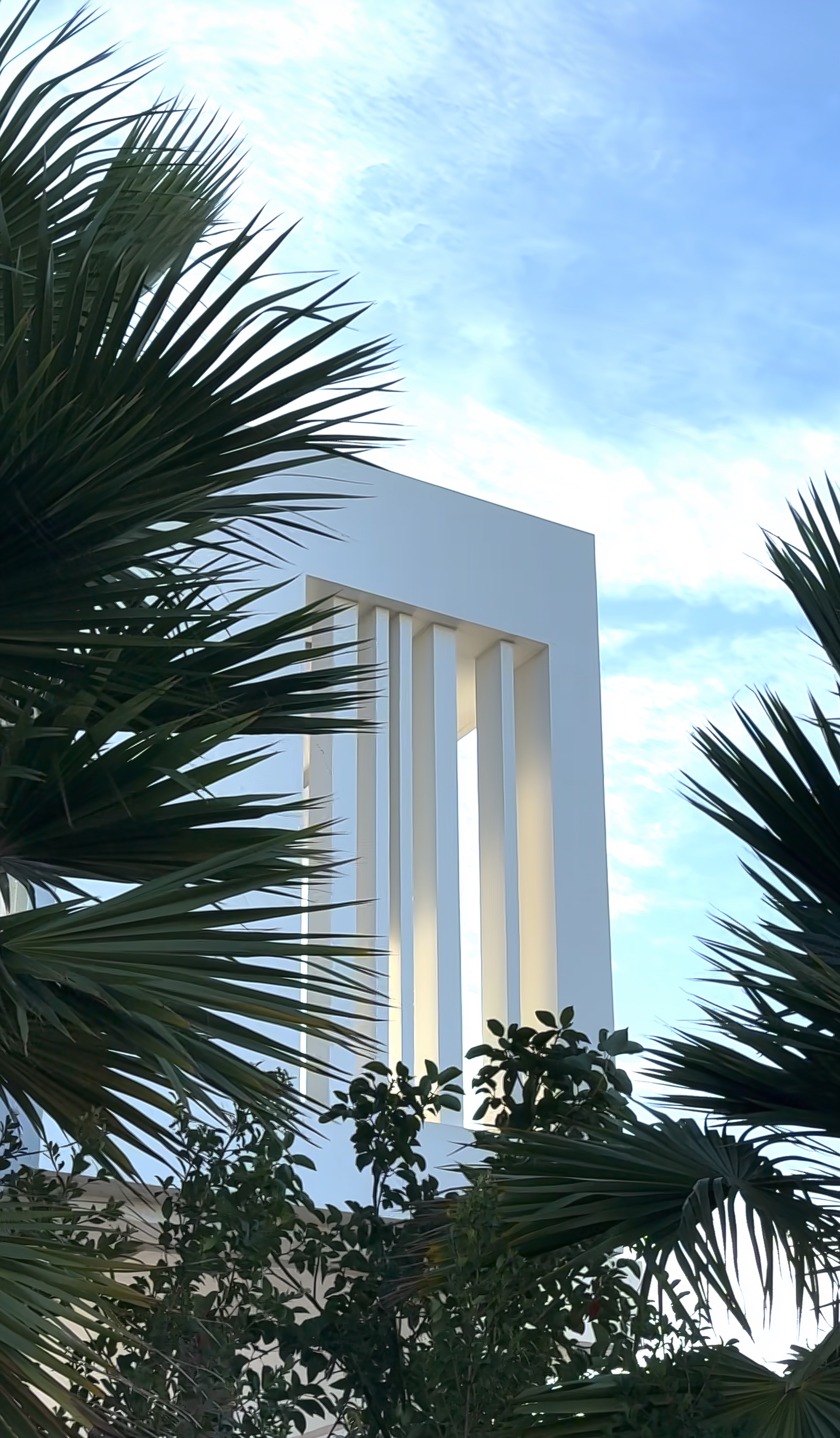 Palm framed vertical perspective of the M94 façade showing curved geometry and tropical planting