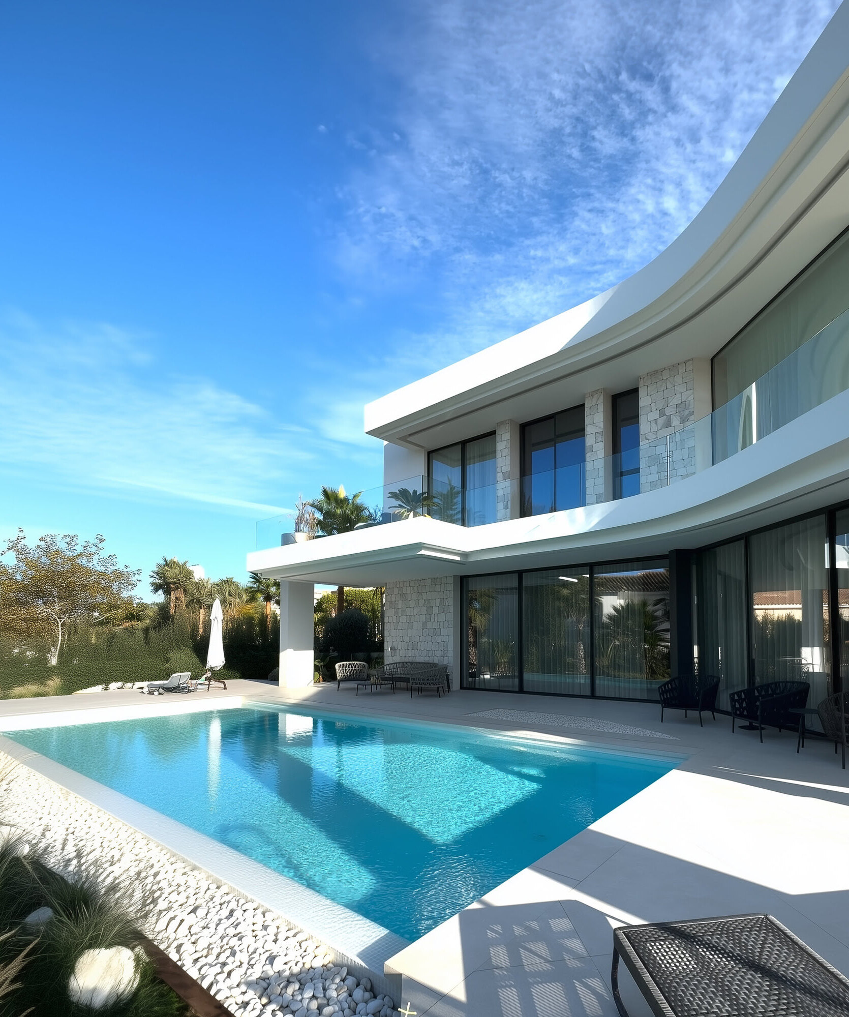 Wide poolside perspective of an M94 villa in Marbella East with sun terrace and contemporary Mediterranean architecture