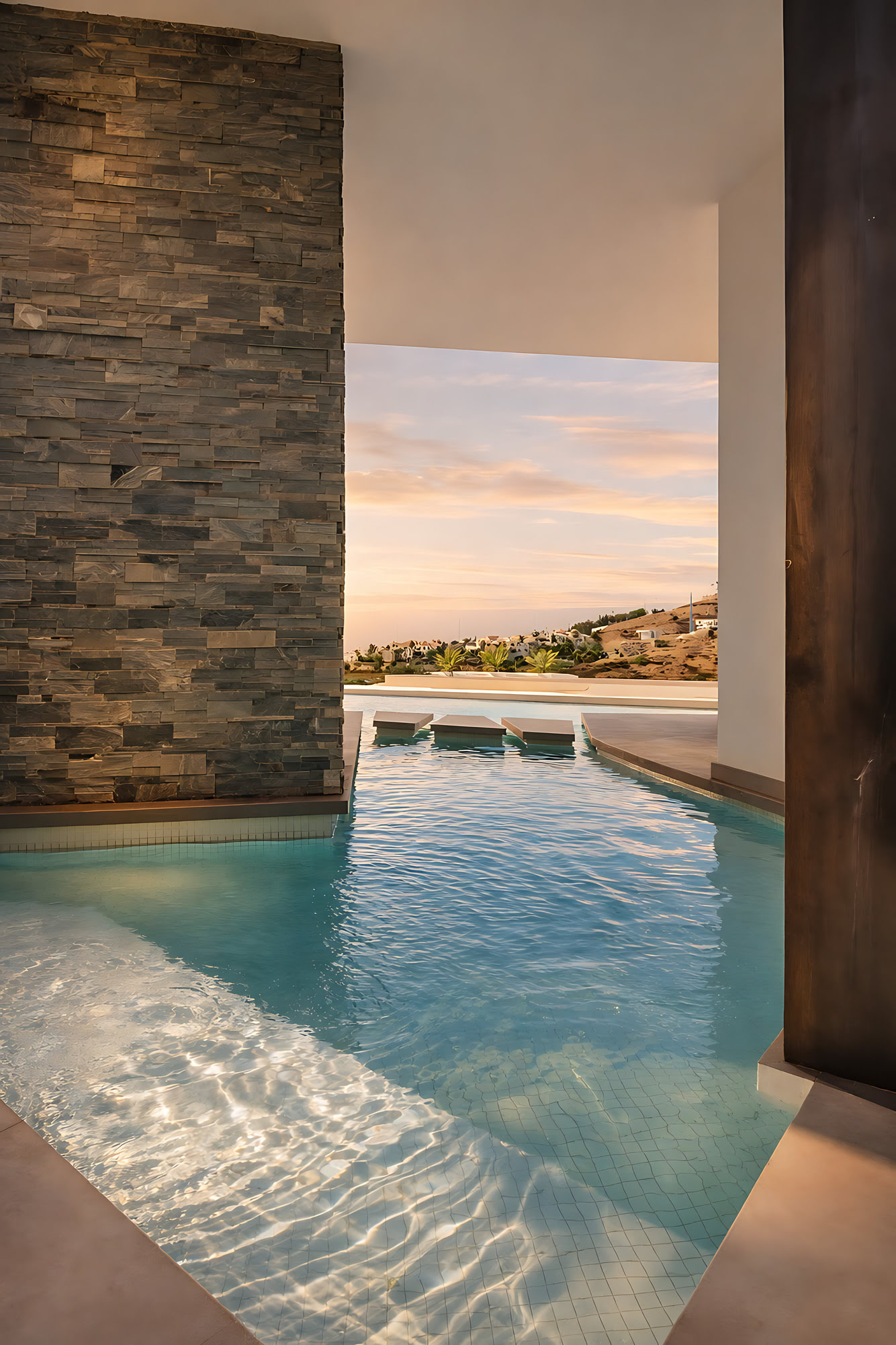 Pool corner detail at Villa Origami with stone-clad wall, water reflections and framed horizon