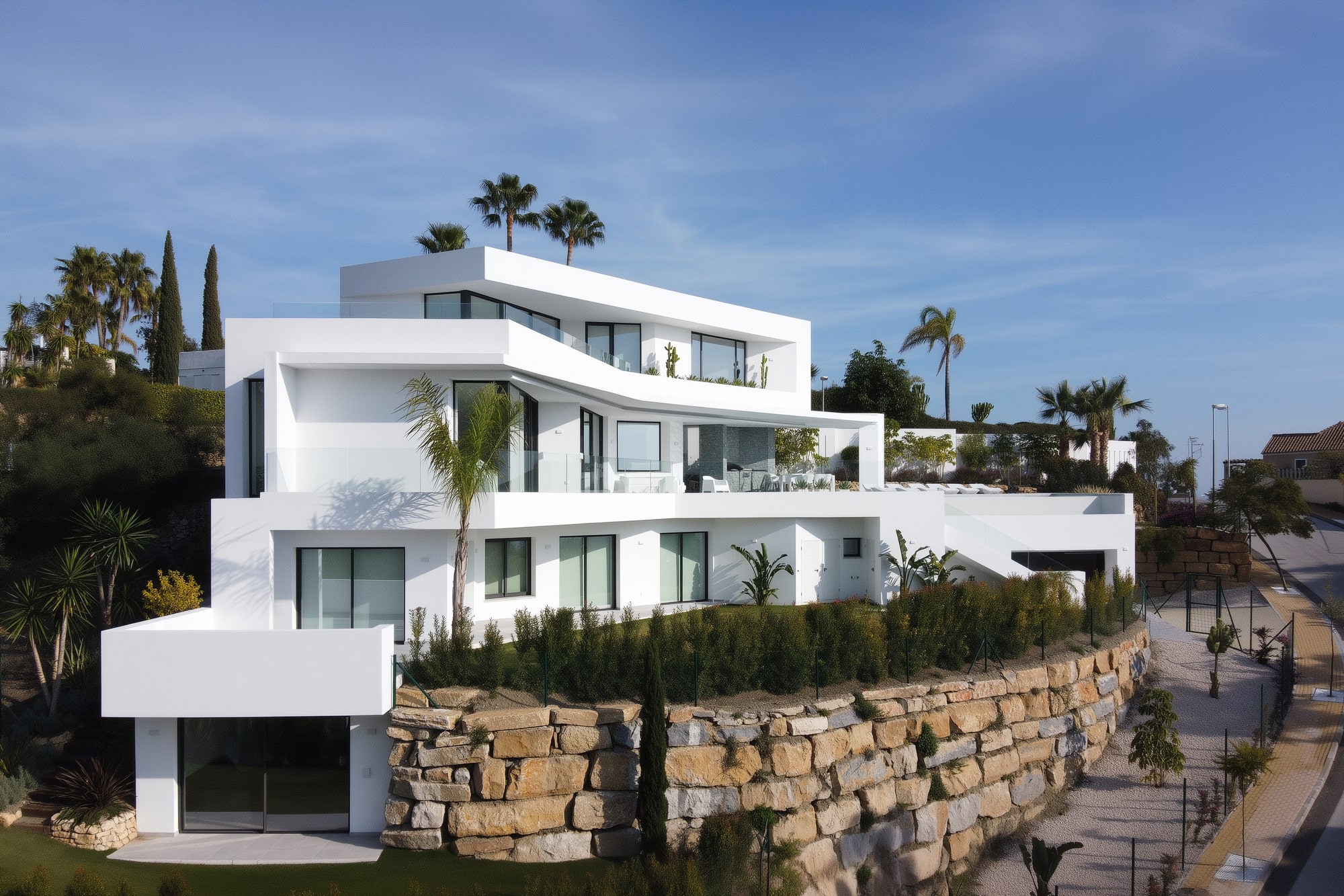 Wide exterior view of Villa Origami rising above its stone plinth in La Zagaleta