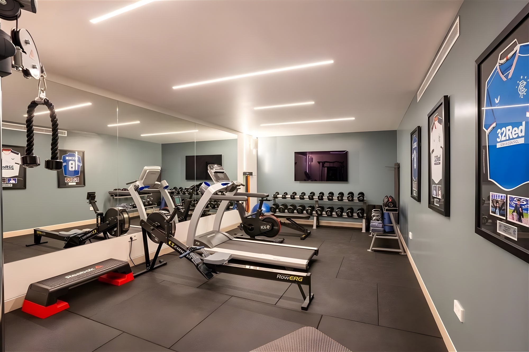 Private gym and wellness room with mirrored walls and dedicated fitness equipment