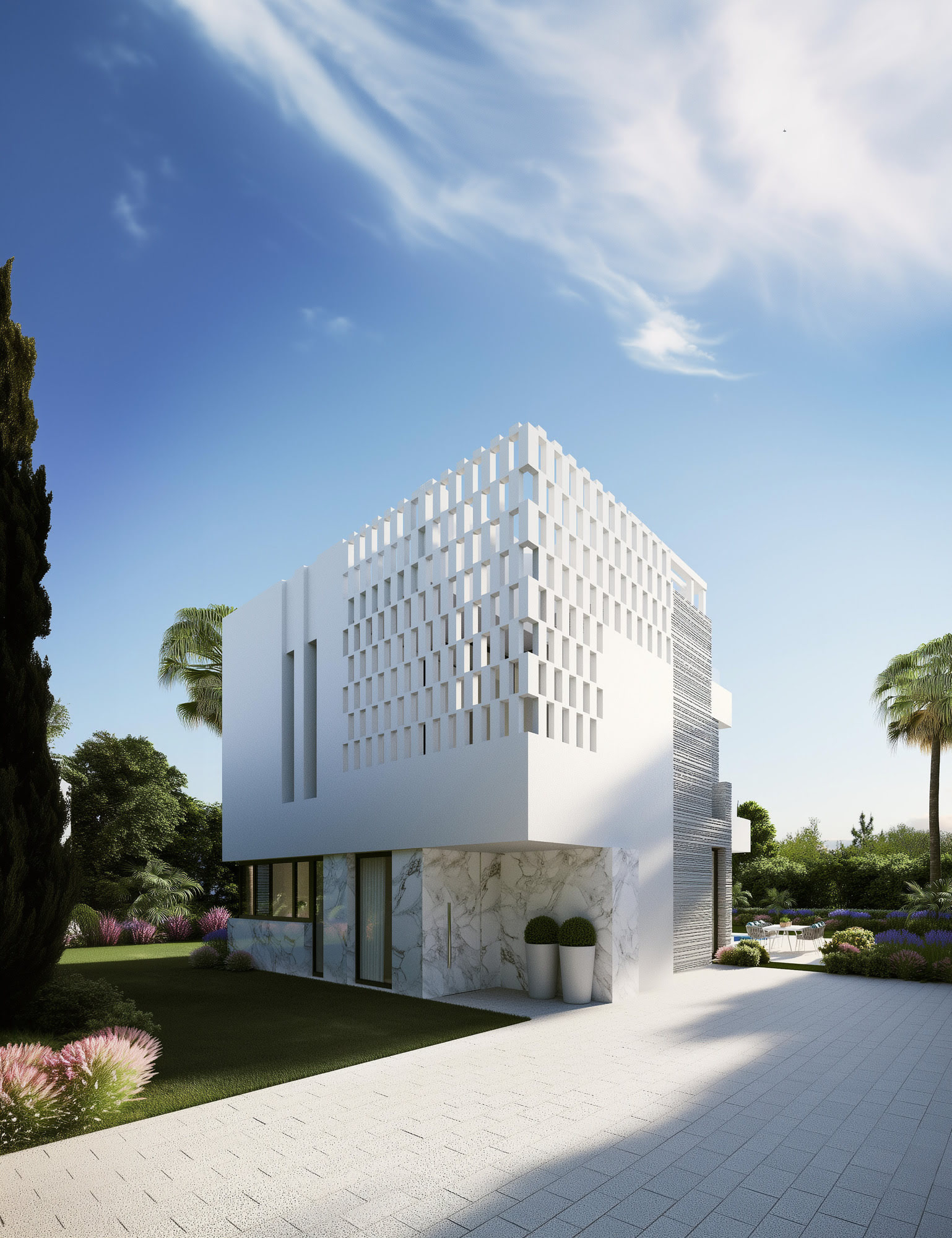 Poolside corner view of Villa Río Verde with sculptural terraces, turquoise water and Mediterranean landscaping