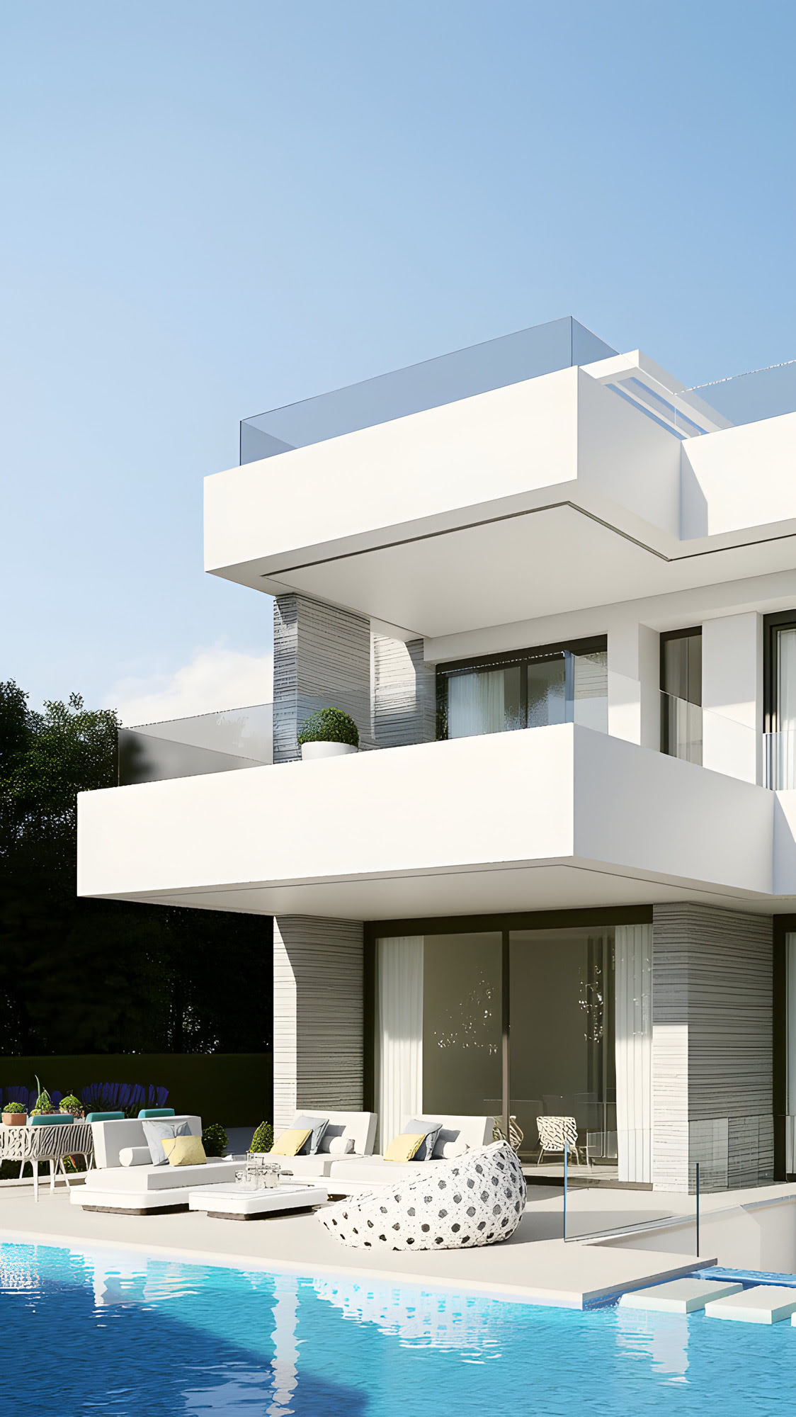 Main pool elevation of Villa Río Verde showing layered outdoor terraces and contemporary living by the water