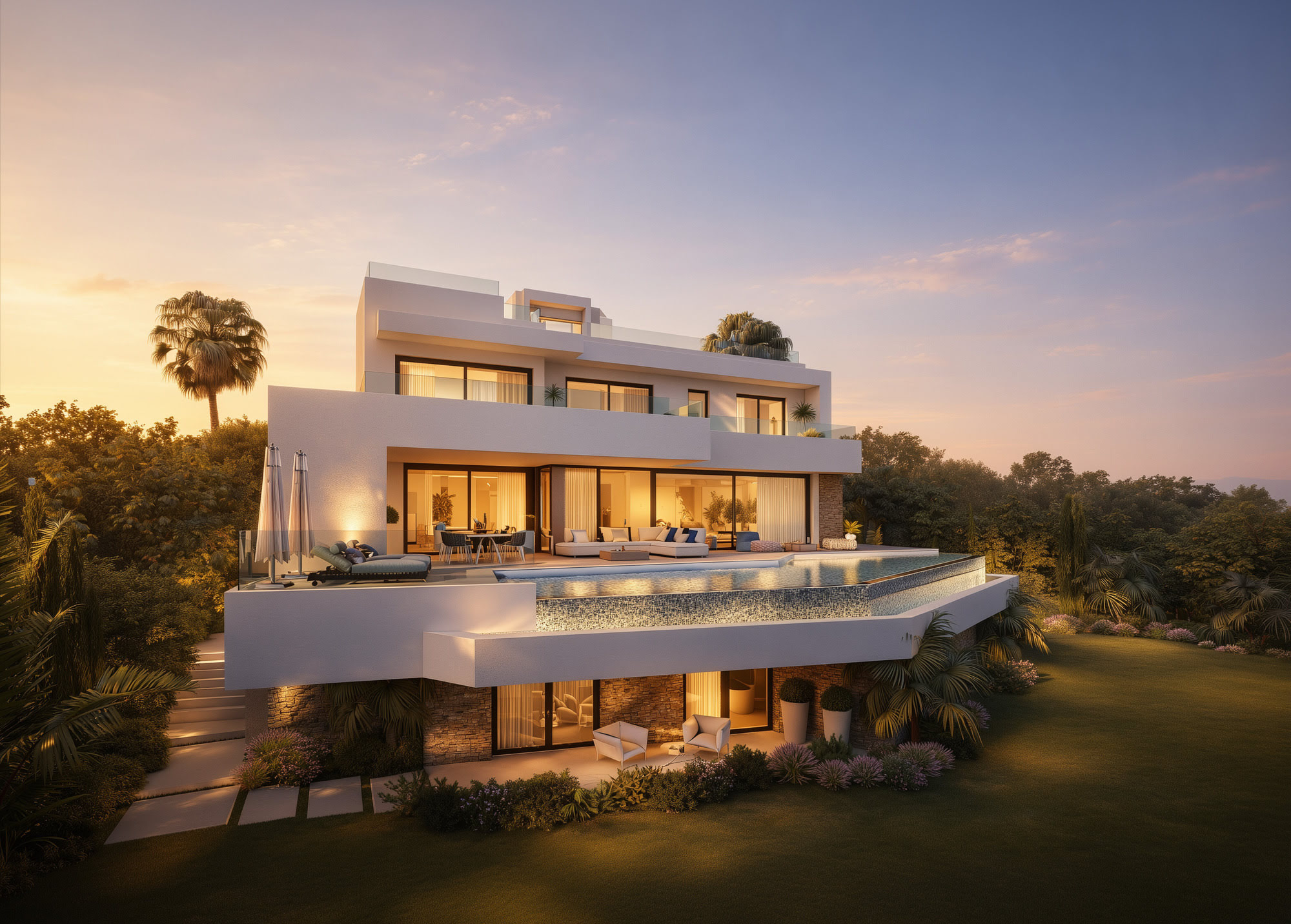 Twilight main façade of Villa Riviera with layered terraces and warm interior lighting over the hillside