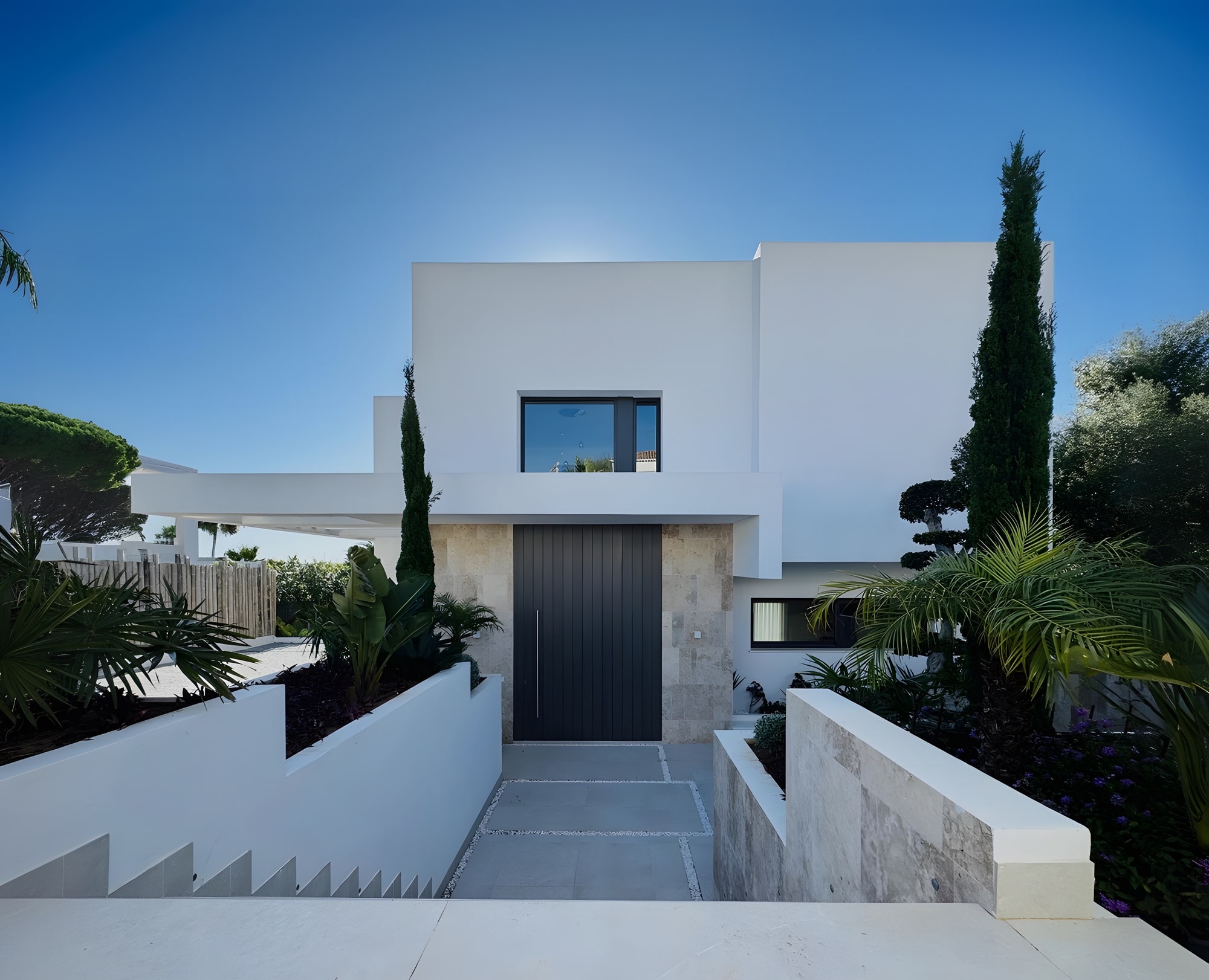 Arrival view of Casa Sonuwe with stepped entrance, garage volume and contemporary white façade in Estepona