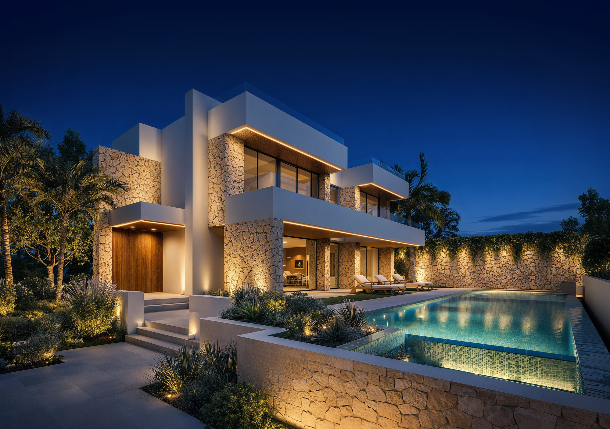 Oblique evening perspective of Villa Tejon in Los Monteros, Marbella, with sculptural contemporary volumes, warm lighting and terraced pool sequence