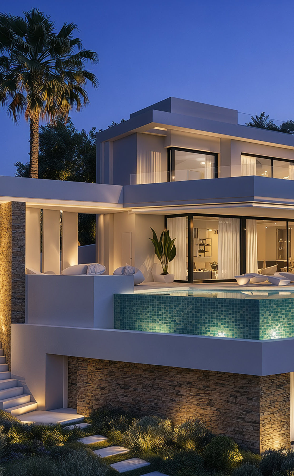 Vertical exterior detail of Villa Torrenueva highlighting crisp volumes, pool edge and warm architectural lighting