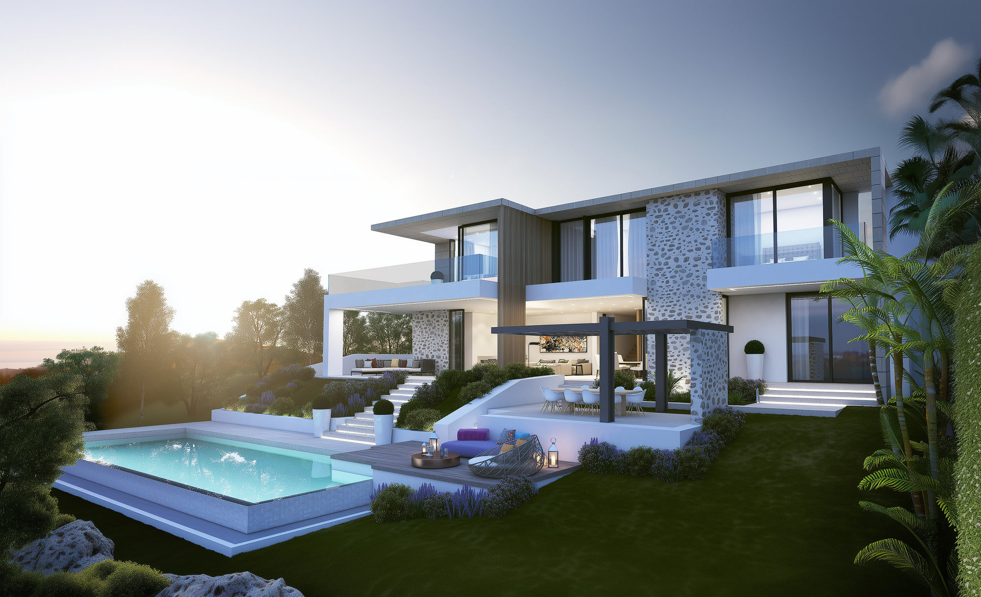 Oblique overview of UA211 in Benahavís with elevated pool terrace, layered architectural volumes and calm sunset atmosphere