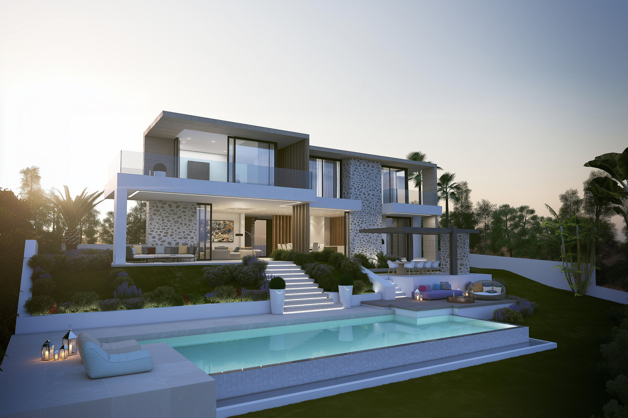 Wide twilight exterior of UA211 with illuminated pool, landscaped lawn and seamless indoor–outdoor living in La Zagaleta
